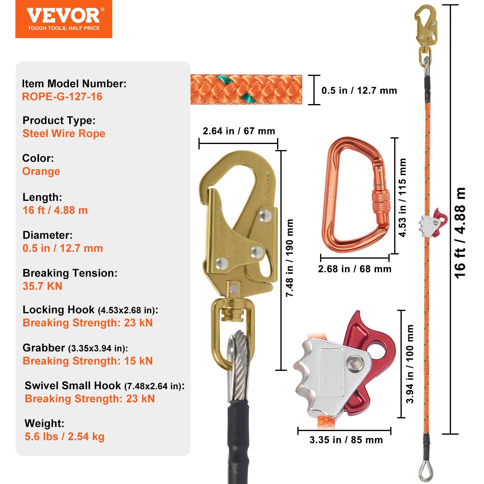 12.7mm Steel Core Flipline, 16ft(4.8m)Arborist Flipline for Tree Climbing with Alloy Steel Snap Hook & V952-GSSTJJSGSS16HY1WRV0