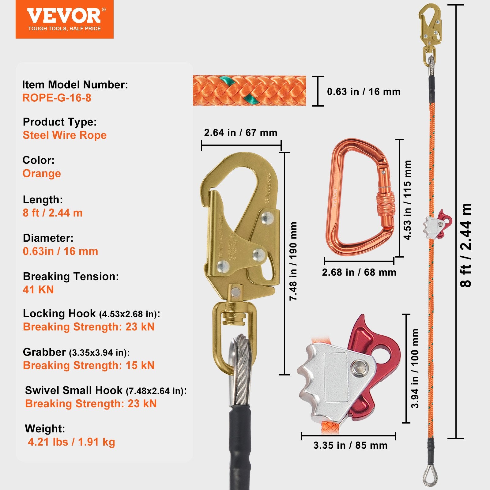 16mm Steel Core Flipline 8ft(2.4m) Arborist Flipline for Fall Protection V952-GSSTJJSGSS8YWONR1V0