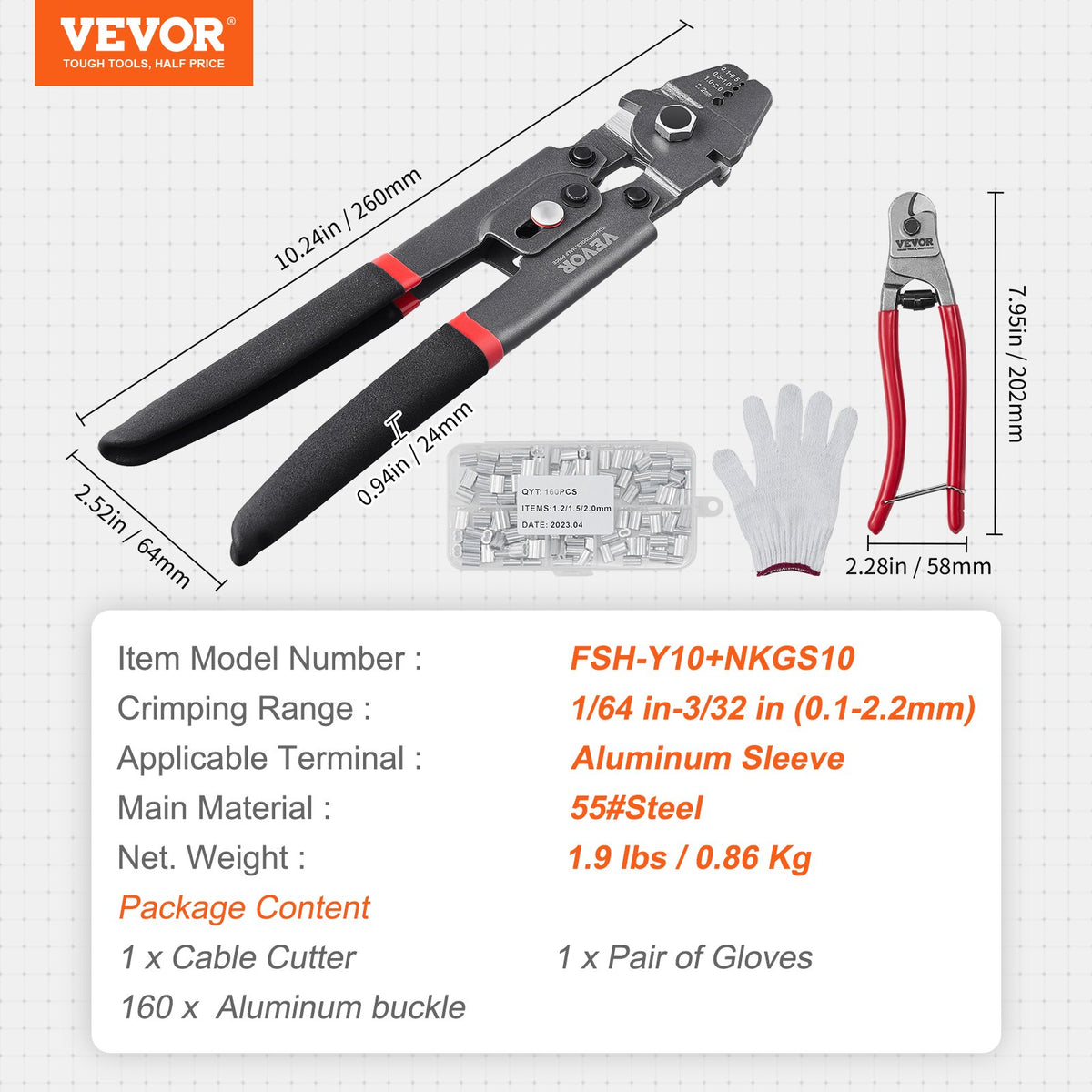 Crimping Tool, Up To 2.2mm Wire Rope Crimping Tool, Crimping Loop Sleeve Kit with a Cable Cutter and 160pcs V952-GSSYJQGSS16409CTZV0