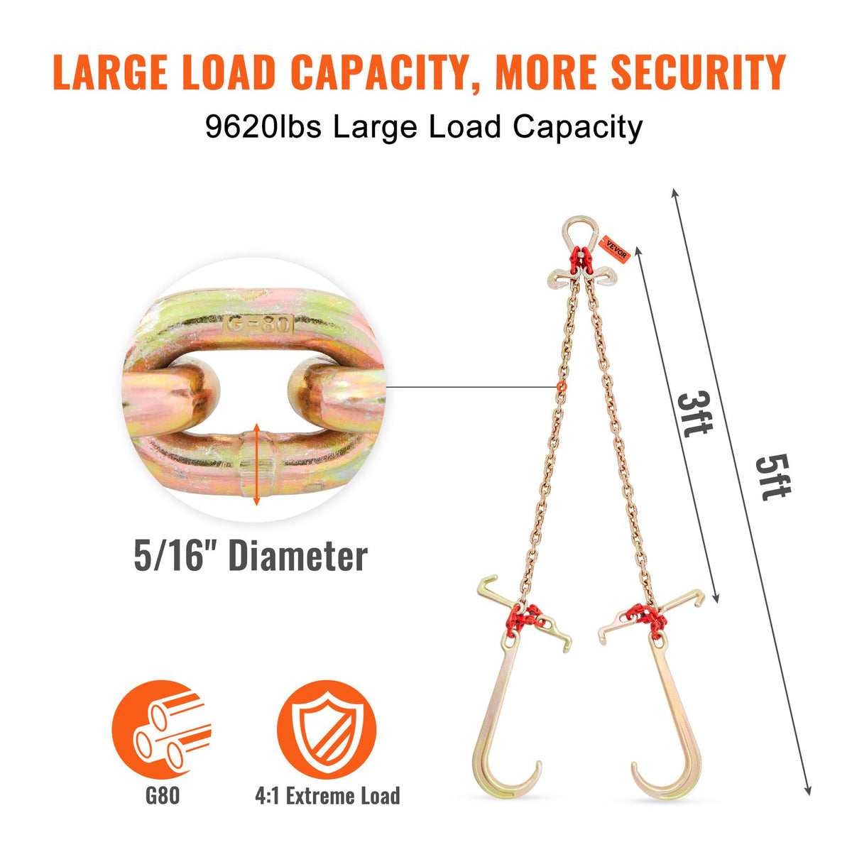 V-Chain Bridle, 4364 kg Working Load Limit, 8 x 914.4 mm G80 Tow Chain with RTJ Cluster Hooks, DOT Certified, V952-GTLMGDXJZYCZD1MNHV0
