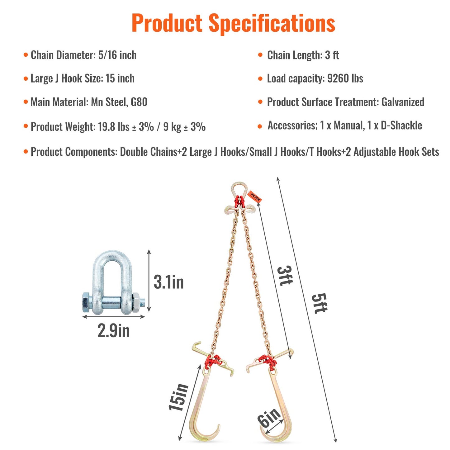 V-Chain Bridle, 4364 kg Working Load Limit, 8 x 914.4 mm G80 Tow Chain with RTJ Cluster Hooks, DOT Certified, V952-GTLMGDXJZYCZD1MNHV0