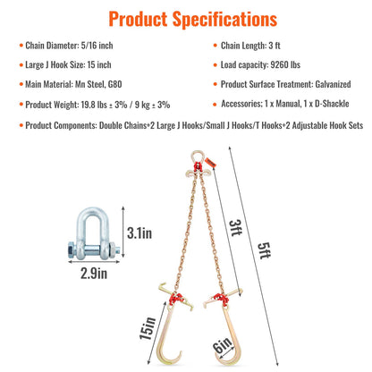 V-Chain Bridle, 4364 kg Working Load Limit, 8 x 914.4 mm G80 Tow Chain with RTJ Cluster Hooks, DOT Certified, V952-GTLMGDXJZYCZD1MNHV0
