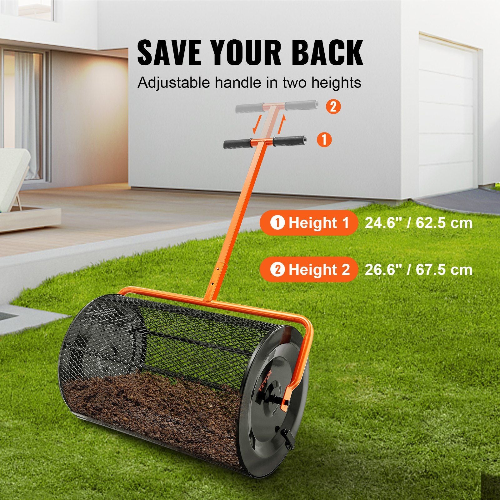 Compost Spreader, 24.4-25.6" Height Adjustable Handle, 24" Wide, Lawn and Garden Peat Moss Roller with Side V952-GTSBJH224INCH29UKV0