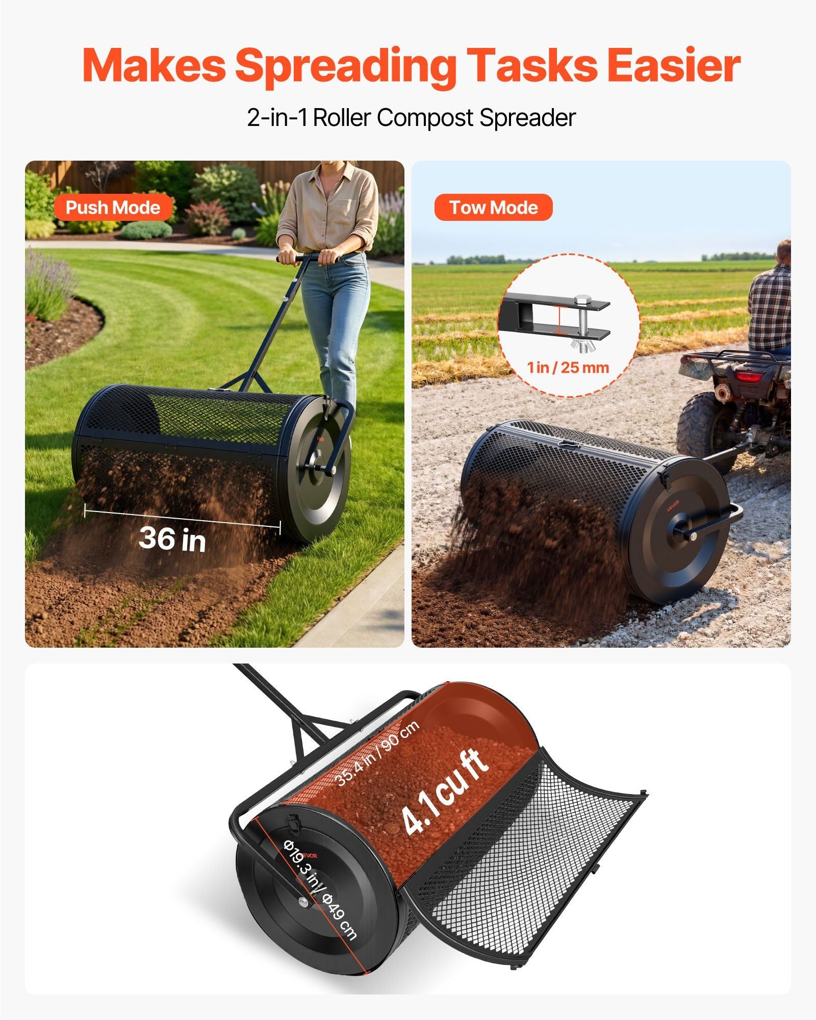Compost Spreader, 91 cm Wide Peat Moss Spreader with Push/Tow Handle, 4 Heights Adjustable, Powder-Coated V952-GTSBJHSFMTCGFONO4001V0