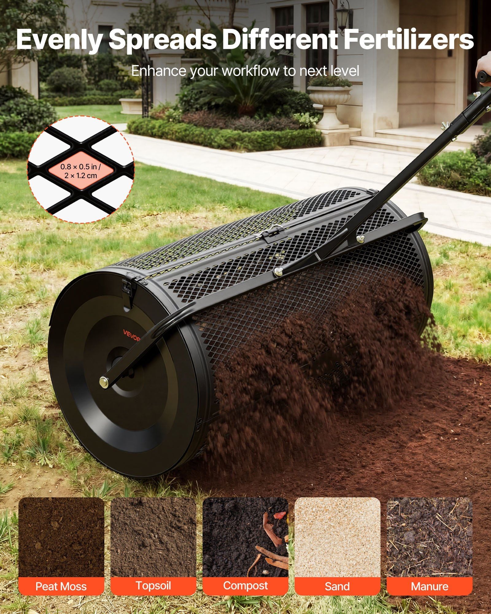 Compost Spreader, 91 cm Wide Peat Moss Spreader with Push/Tow Handle, 4 Heights Adjustable, Powder-Coated V952-GTSBJHSFMTCGFONO4001V0