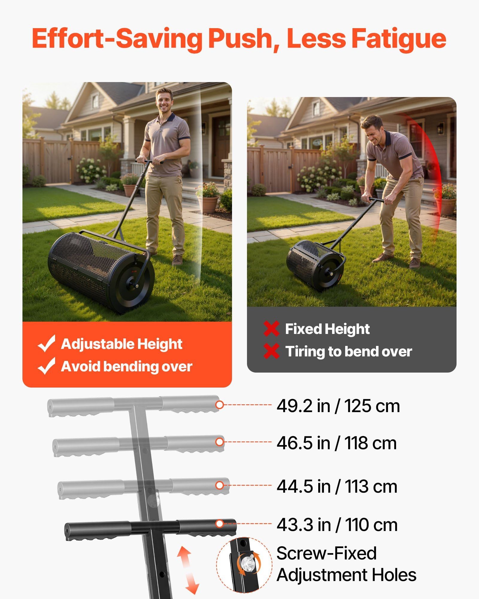 Compost Spreader, 91 cm Wide Peat Moss Spreader with Push/Tow Handle, 4 Heights Adjustable, Powder-Coated V952-GTSBJHSFMTCGFONO4001V0