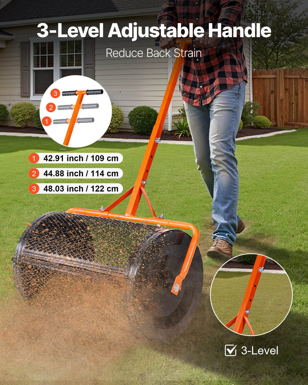 Compost Spreader, 24 in Wide Peat Moss Spreader with T Shaped Handle, 3 Heights Adjustable, Powder-Coated V952-GTSBJHSFMTCGIFLZ7001V0