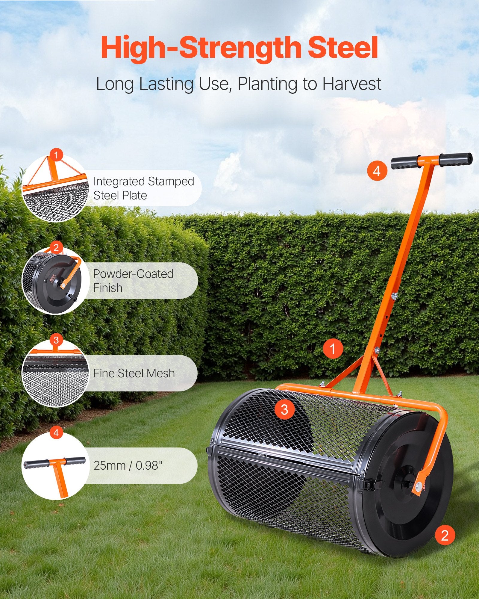 Compost Spreader, 24 in Wide Peat Moss Spreader with T Shaped Handle, 3 Heights Adjustable, Powder-Coated V952-GTSBJHSFMTCGIFLZ7001V0