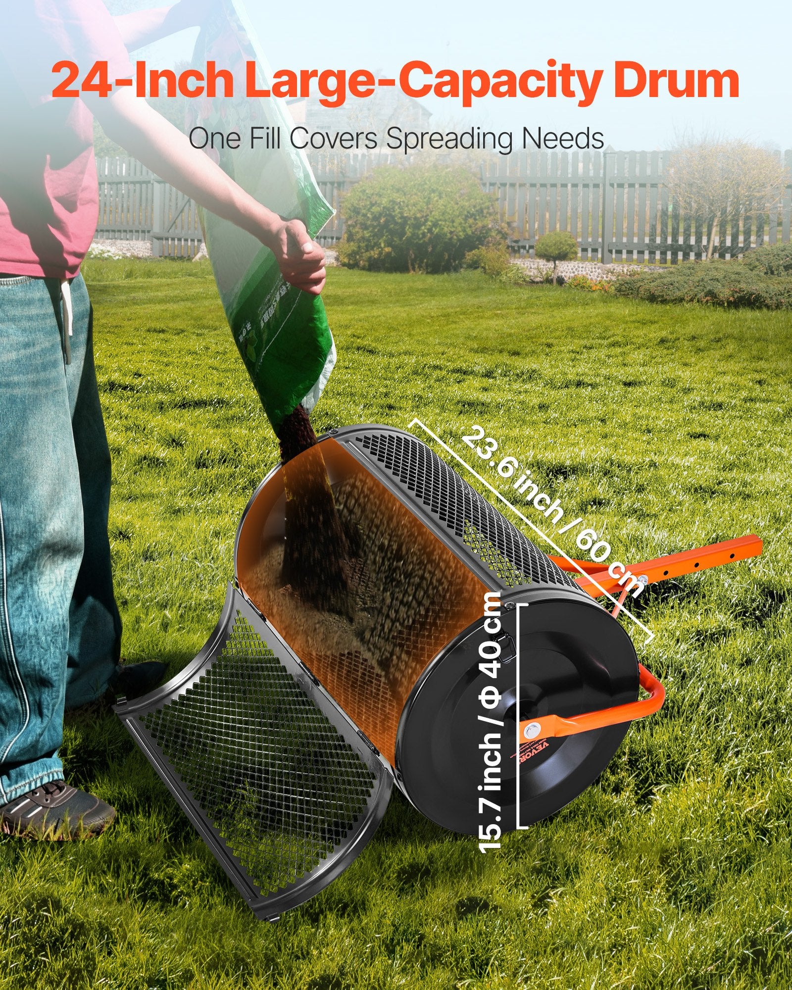 Compost Spreader, 24 in Wide Peat Moss Spreader with T Shaped Handle, 3 Heights Adjustable, Powder-Coated V952-GTSBJHSFMTCGIFLZ7001V0
