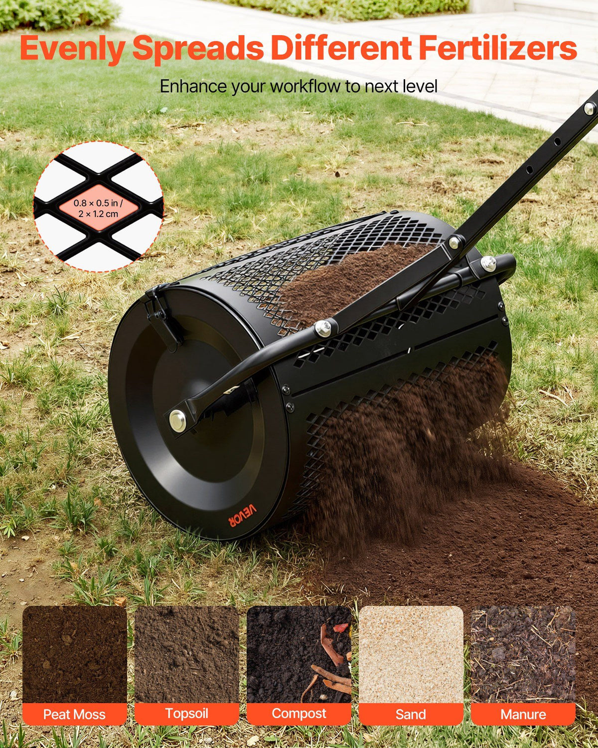 Compost Spreader, 42 cm Wide Peat Moss Spreader with T Shaped Handle, 3 Heights Adjustable, Powder-Coated V952-GTSBJHSFMTCGW6C4X001V0