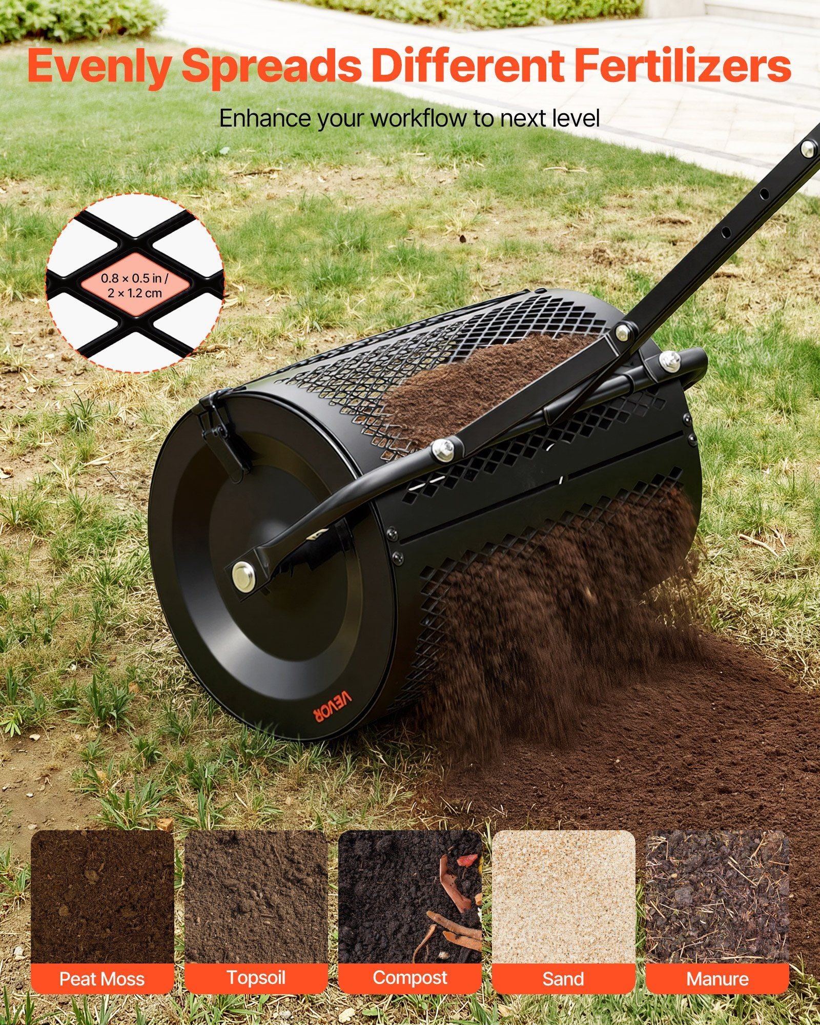 Compost Spreader, 42 cm Wide Peat Moss Spreader with T Shaped Handle, 3 Heights Adjustable, Powder-Coated V952-GTSBJHSFMTCGW6C4X001V0