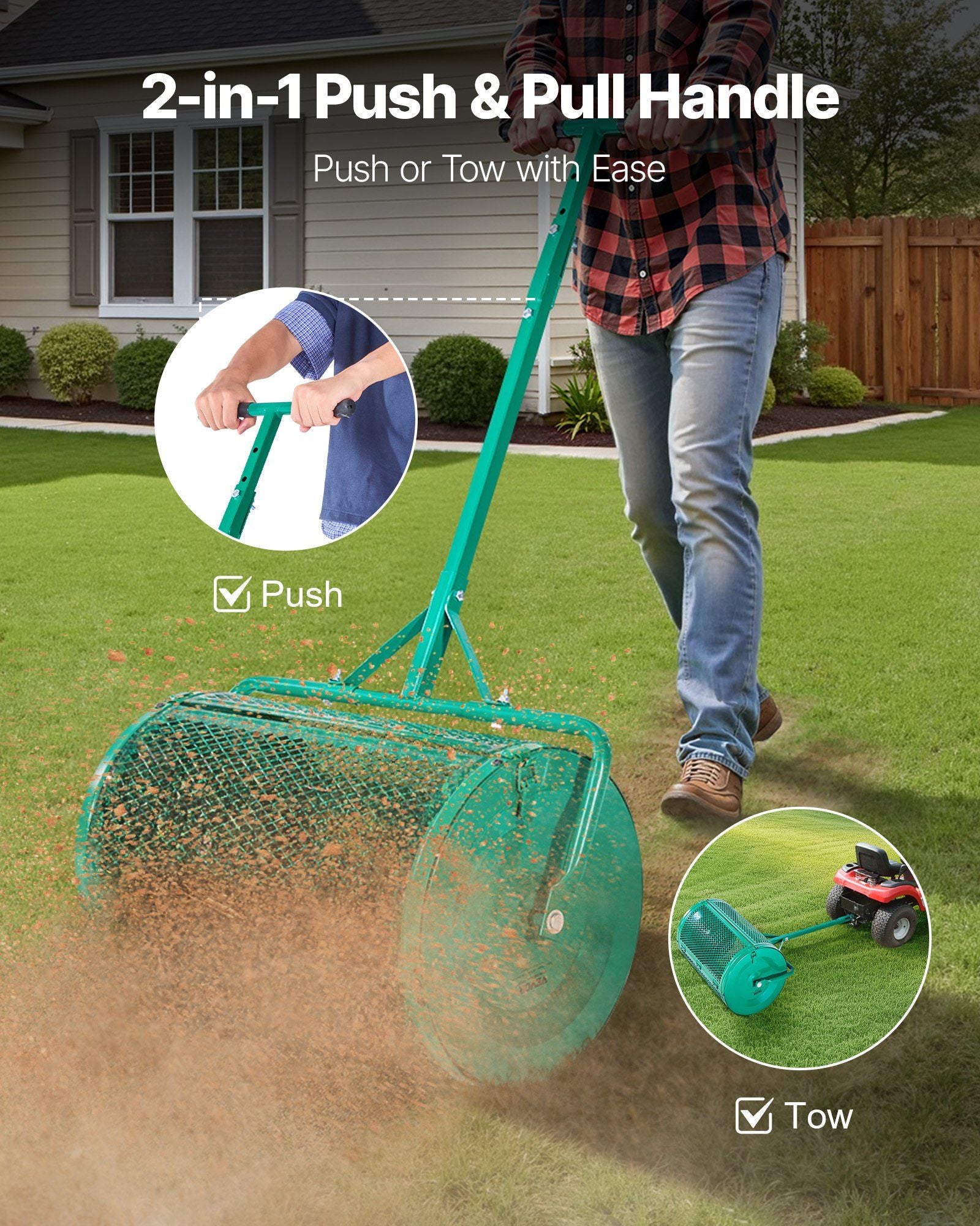 Compost Spreader, 24 in Wide Peat Moss Spreader with Push/Tow Handle, 4 Heights Adjustable, Powder-Coated V952-GTSBJLSFMTCGHA1PR001V0
