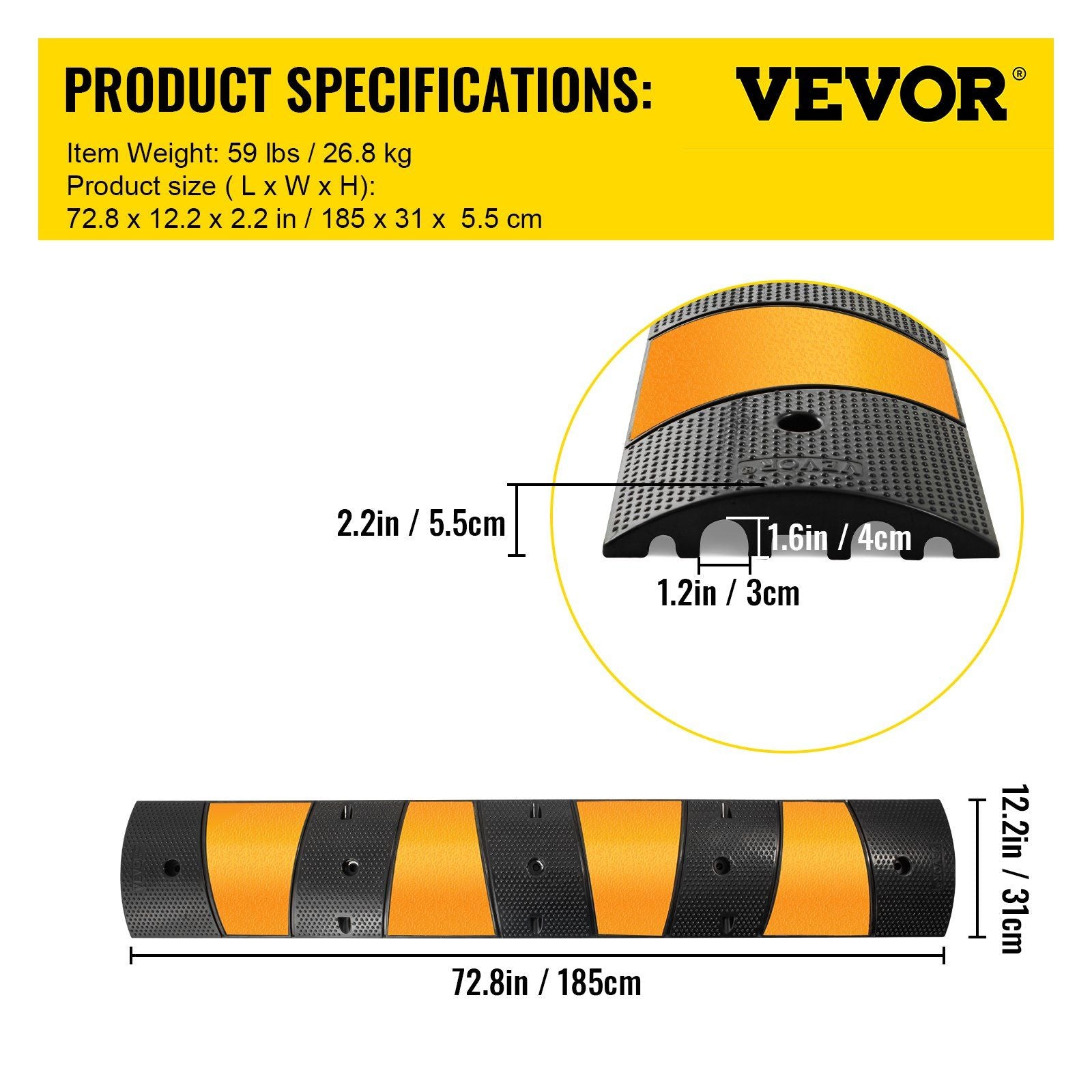 2pcs 6 Feet Rubber Driveway Modular Heavy Duty Speed 185 x 31 x 5.5 cm Cable Protector Ramp for Garage Gravel V952-GXB2G6FTZHHXJJSD1V0
