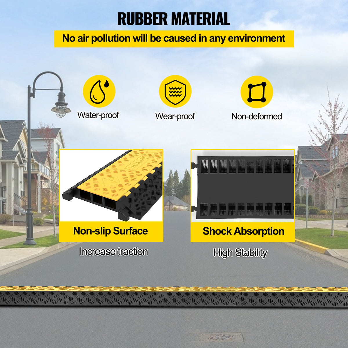Rubber Cable Guard, 3-Channel, 2 x 2.3 in - Durable Cord Protection Ramp for Driveways, 6600 lbs Capacity V952-GXB900X580X75-3PCV0