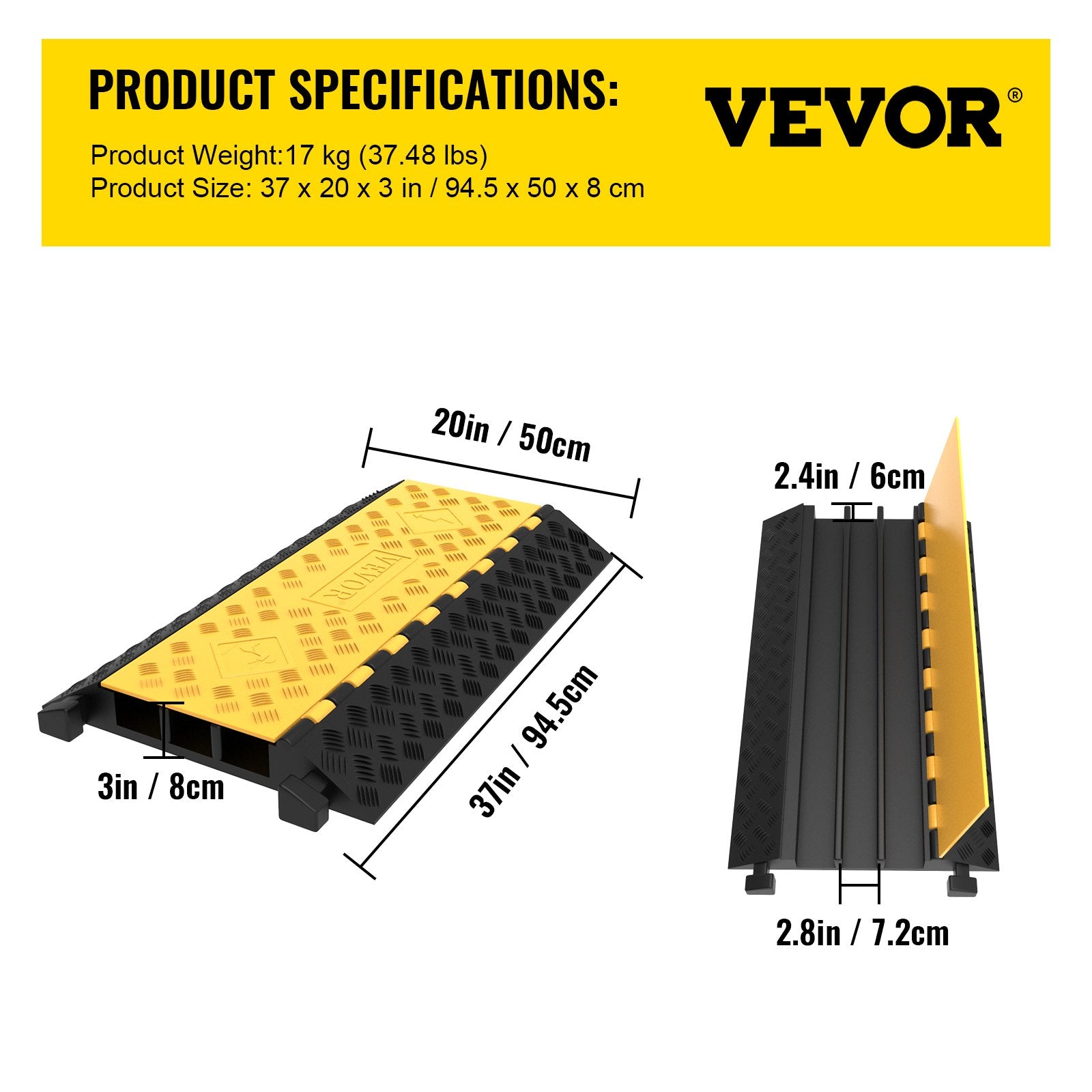 Rubber Cable Guard, 3-Channel, 2 x 2.3 in - Durable Cord Protection Ramp for Driveways, 6600 lbs Capacity V952-GXB900X580X75-3PCV0
