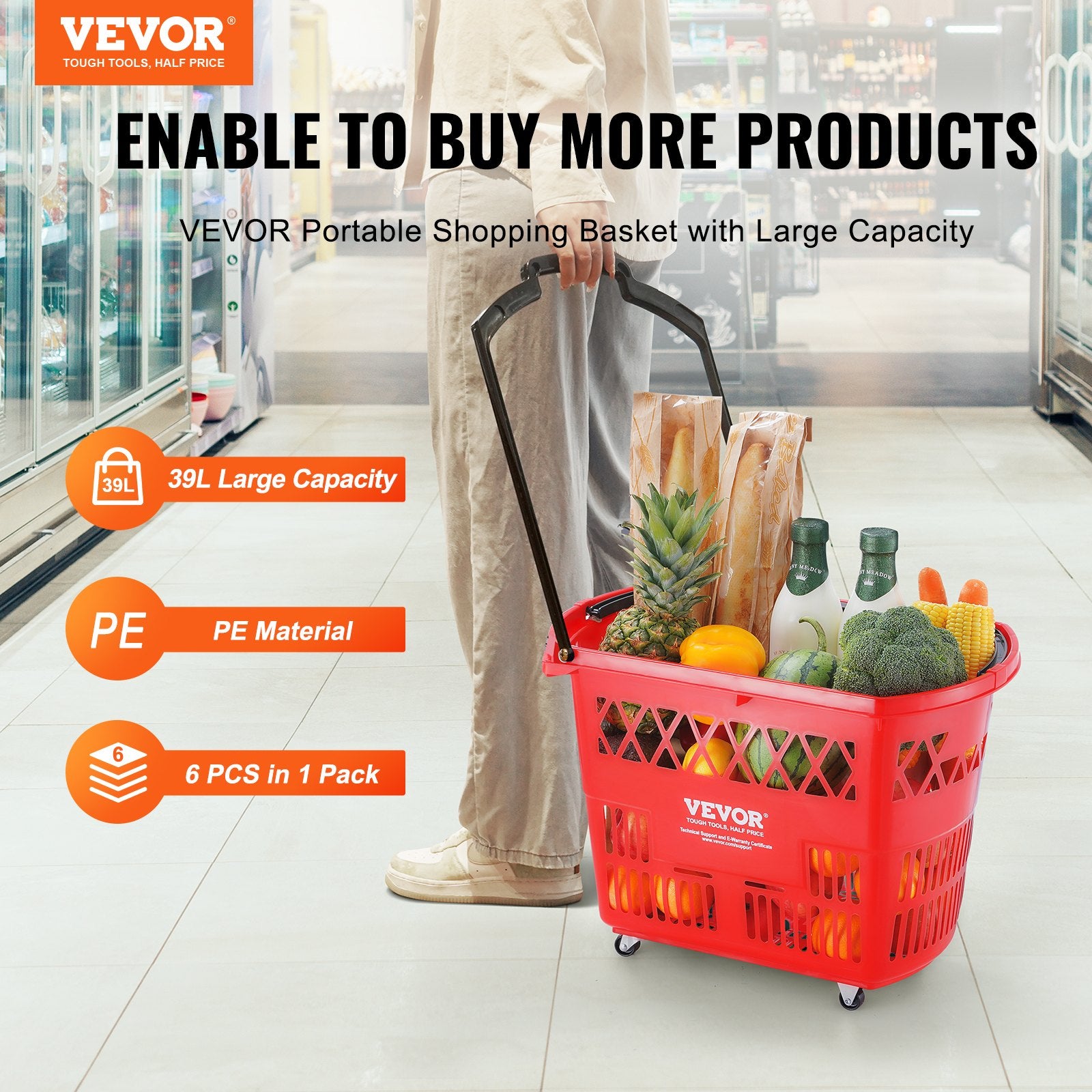 Shopping Baskets, 6PCS, 39L Shopping Carts with Handles, Plastic Rolling Shopping Basket with Wheels, Large V952-GXLGSGWLGXLG01IDOV0