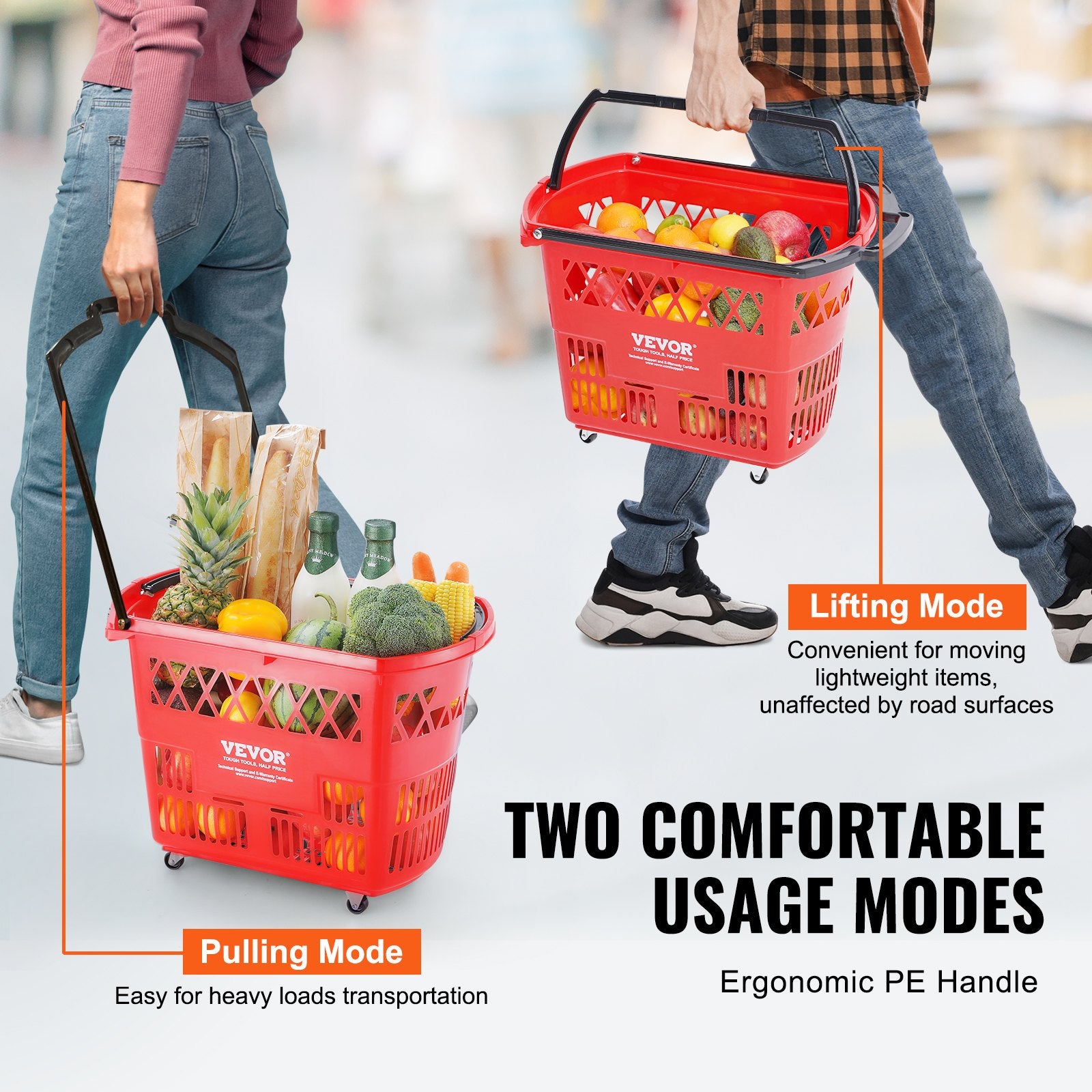 Shopping Baskets, 6PCS, 39L Shopping Carts with Handles, Plastic Rolling Shopping Basket with Wheels, Large V952-GXLGSGWLGXLG01IDOV0