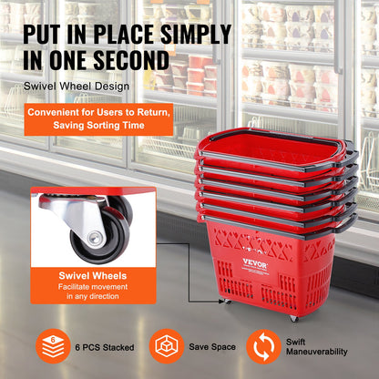 Shopping Baskets, 6PCS, 39L Shopping Carts with Handles, Plastic Rolling Shopping Basket with Wheels, Large V952-GXLGSGWLGXLG01IDOV0