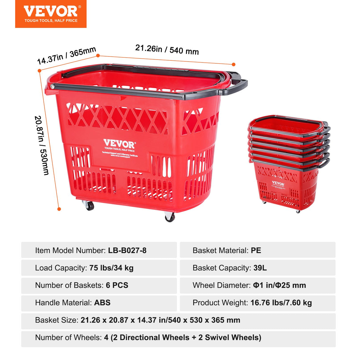 Shopping Baskets, 6PCS, 39L Shopping Carts with Handles, Plastic Rolling Shopping Basket with Wheels, Large V952-GXLGSGWLGXLG01IDOV0