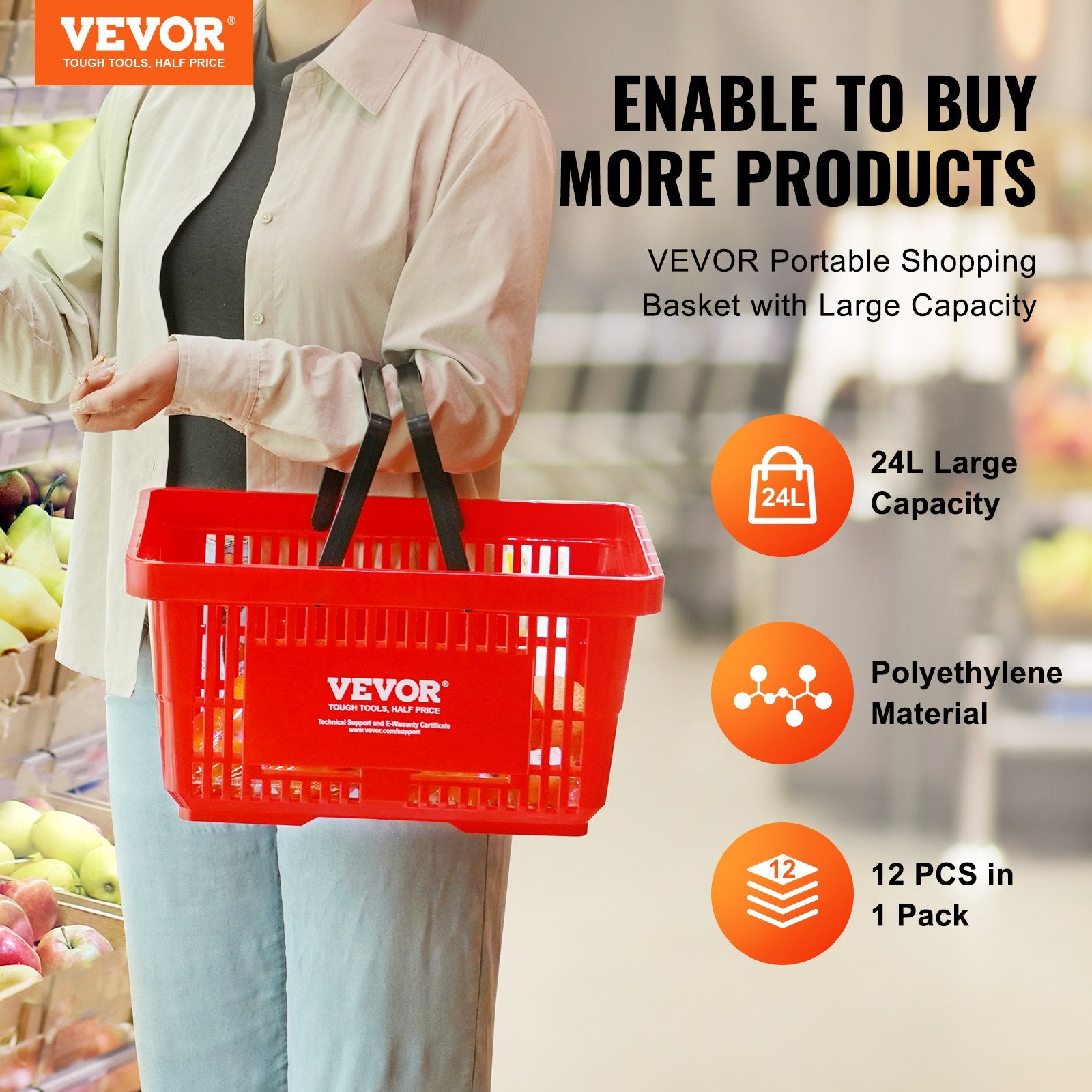 Shopping Basket, Set of 12, 24L Durable Plastic Grocery Basket with Handle and Stand, 425 x 295 x 225 mm V952-GXSBSSLGWLHS08MIEV0