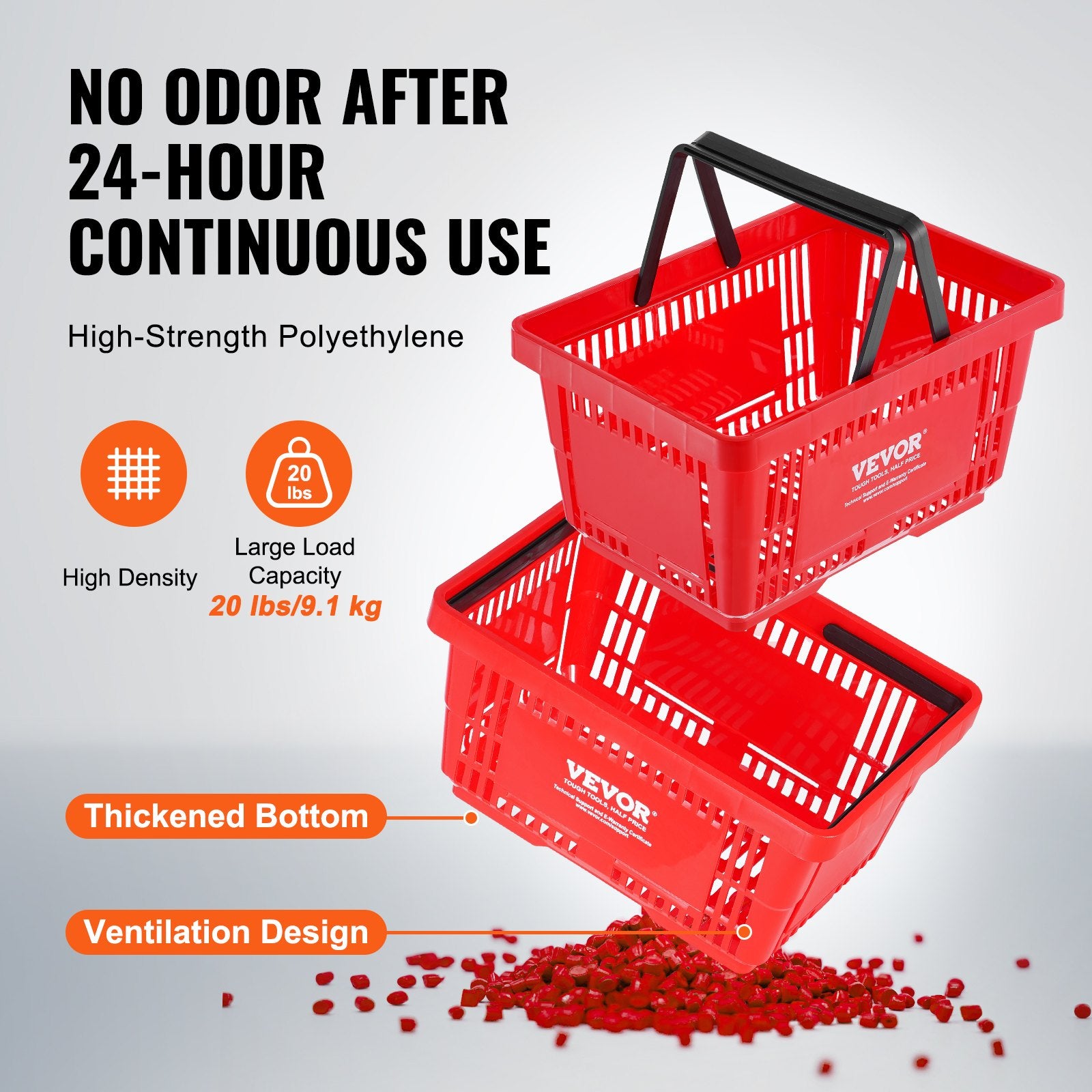 Shopping Basket, Set of 12, 24L Durable Plastic Grocery Basket with Handle and Stand, 425 x 295 x 225 mm V952-GXSBSSLGWLHS08MIEV0