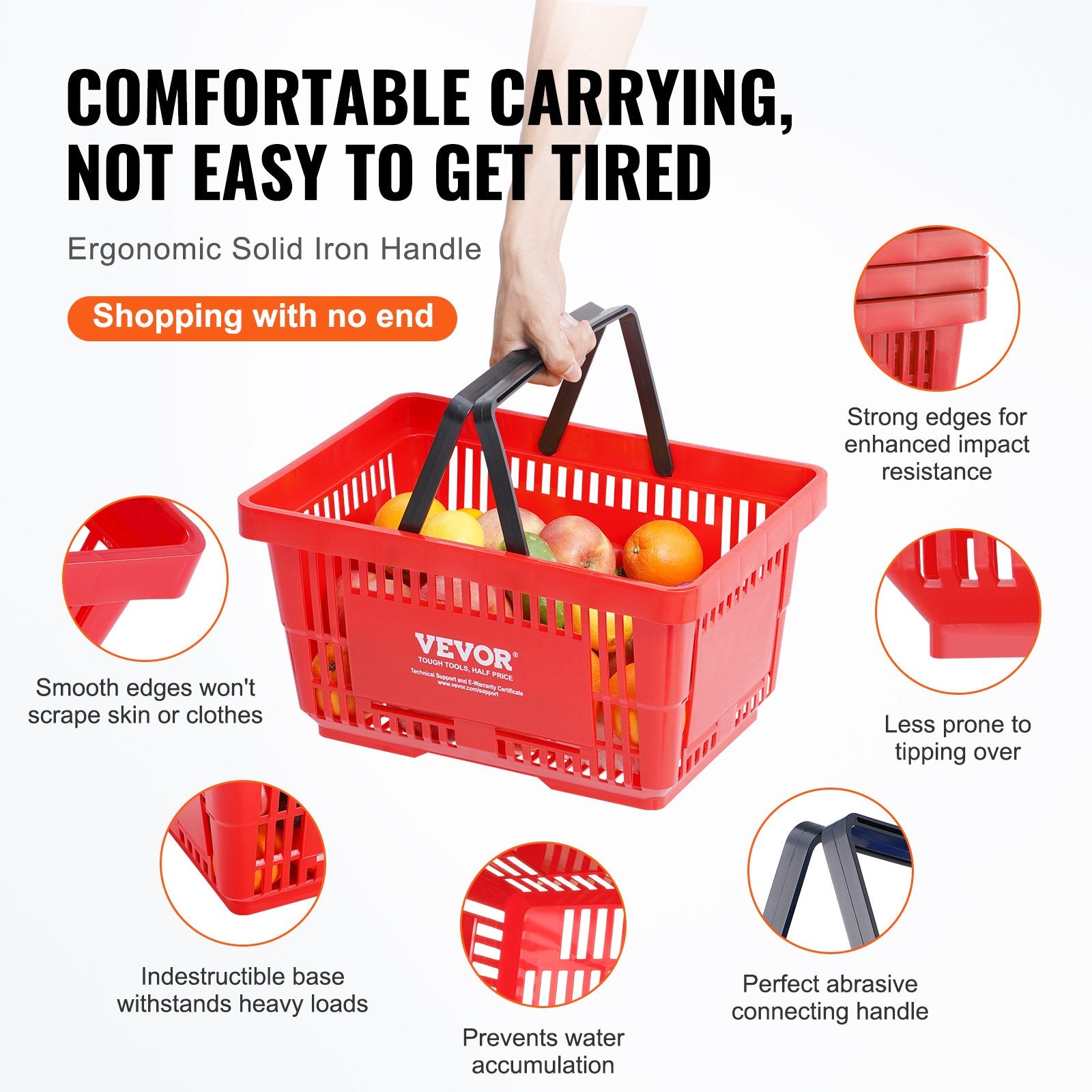 Shopping Basket, Set of 12, 24L Durable Plastic Grocery Basket with Handle and Stand, 425 x 295 x 225 mm V952-GXSBSSLGWLHS08MIEV0