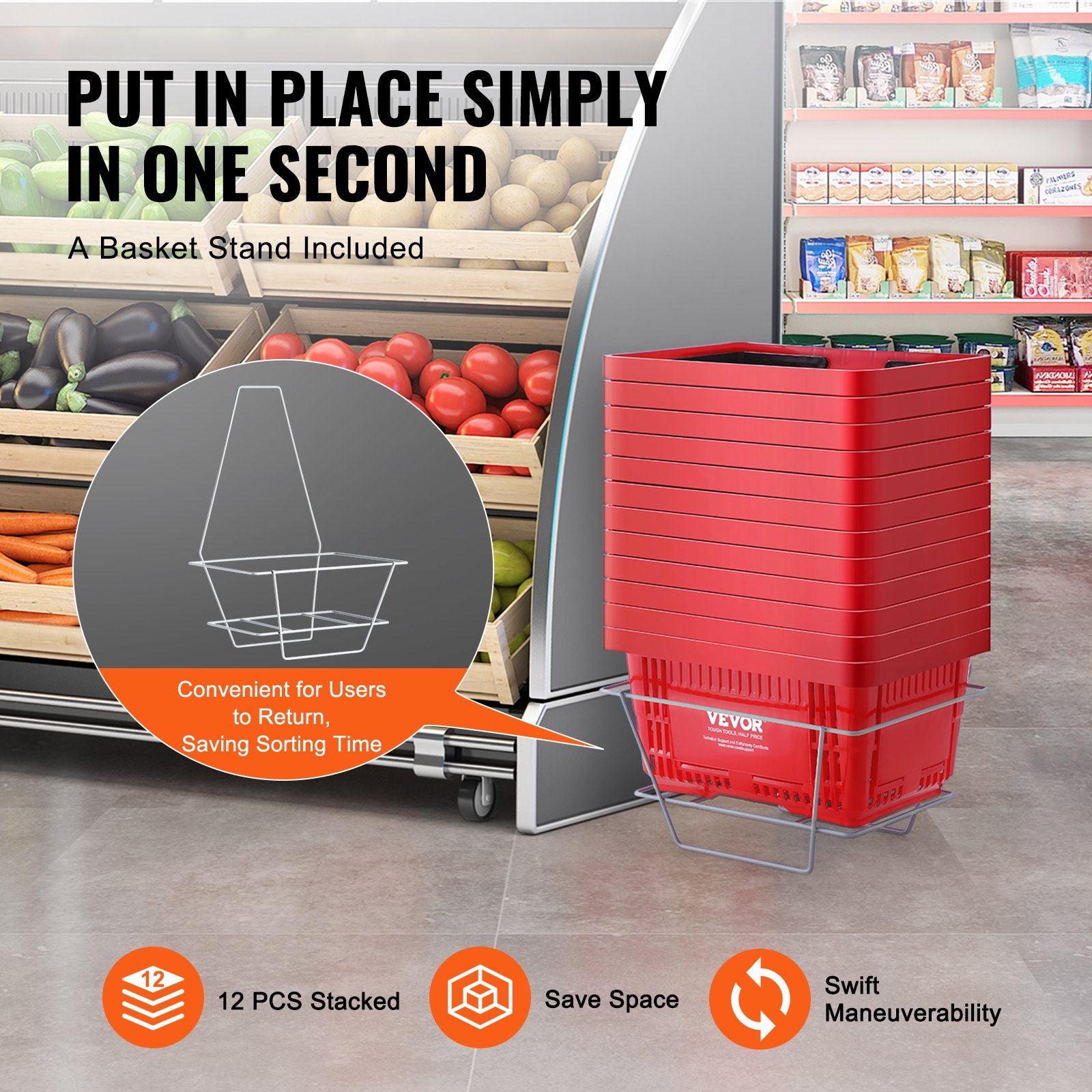 Shopping Basket, Set of 12, 24L Durable Plastic Grocery Basket with Handle and Stand, 425 x 295 x 225 mm V952-GXSBSSLGWLHS08MIEV0