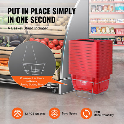 Shopping Basket, Set of 12, 24L Durable Plastic Grocery Basket with Handle and Stand, 425 x 295 x 225 mm V952-GXSBSSLGWLHS08MIEV0