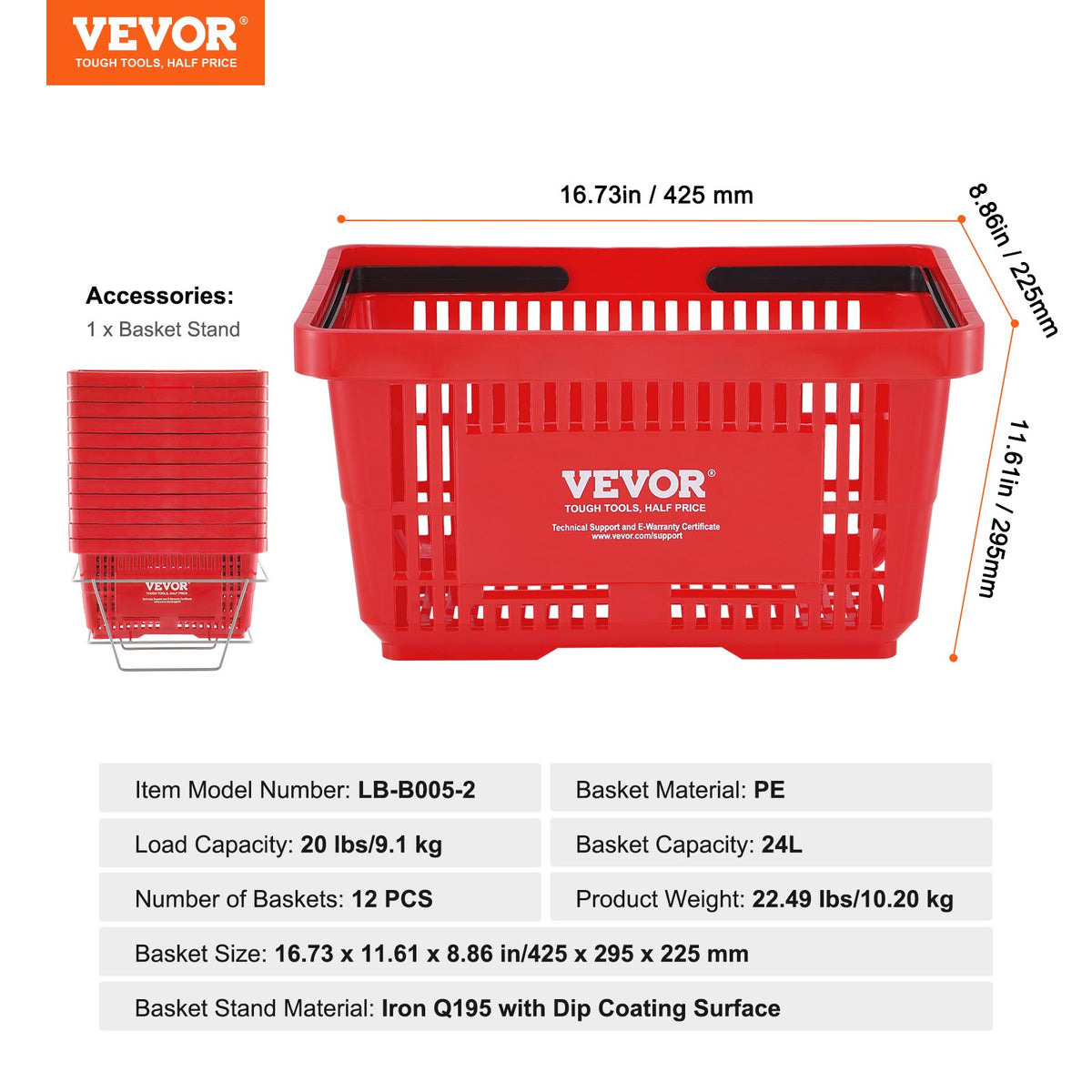 Shopping Basket, Set of 12, 24L Durable Plastic Grocery Basket with Handle and Stand, 425 x 295 x 225 mm V952-GXSBSSLGWLHS08MIEV0