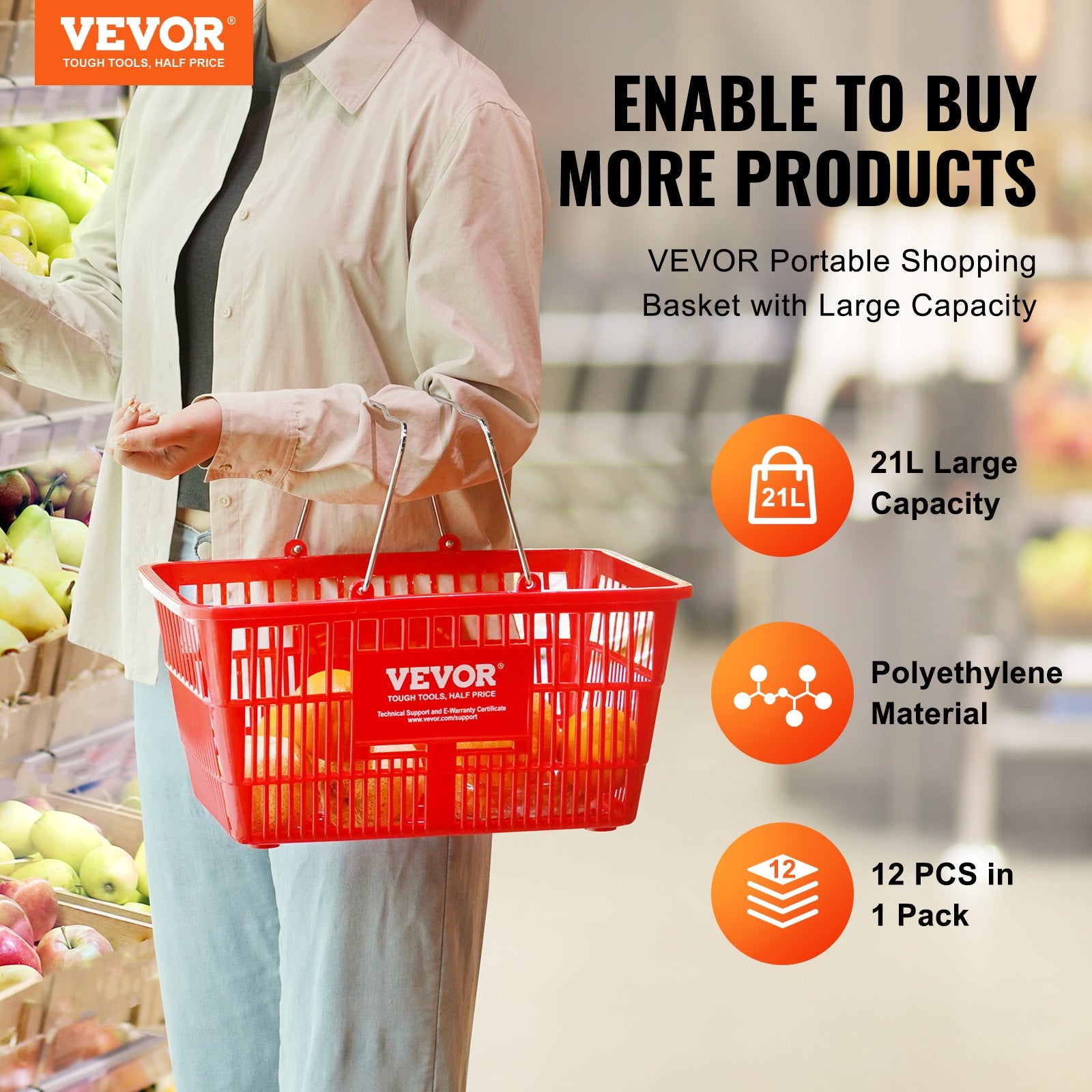 Shopping Basket, Set of 12, 21L Durable Plastic Grocery Basket with Metal Handle and Stand, 425 x 305 x 218 V952-GXSBSSLGWLHS3TB5BV0