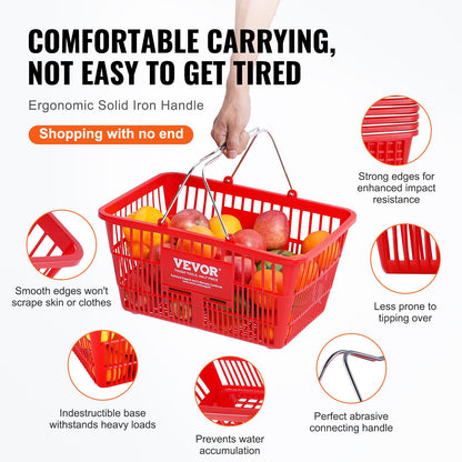 Shopping Basket, Set of 12, 21L Durable Plastic Grocery Basket with Metal Handle and Stand, 425 x 305 x 218 V952-GXSBSSLGWLHS3TB5BV0