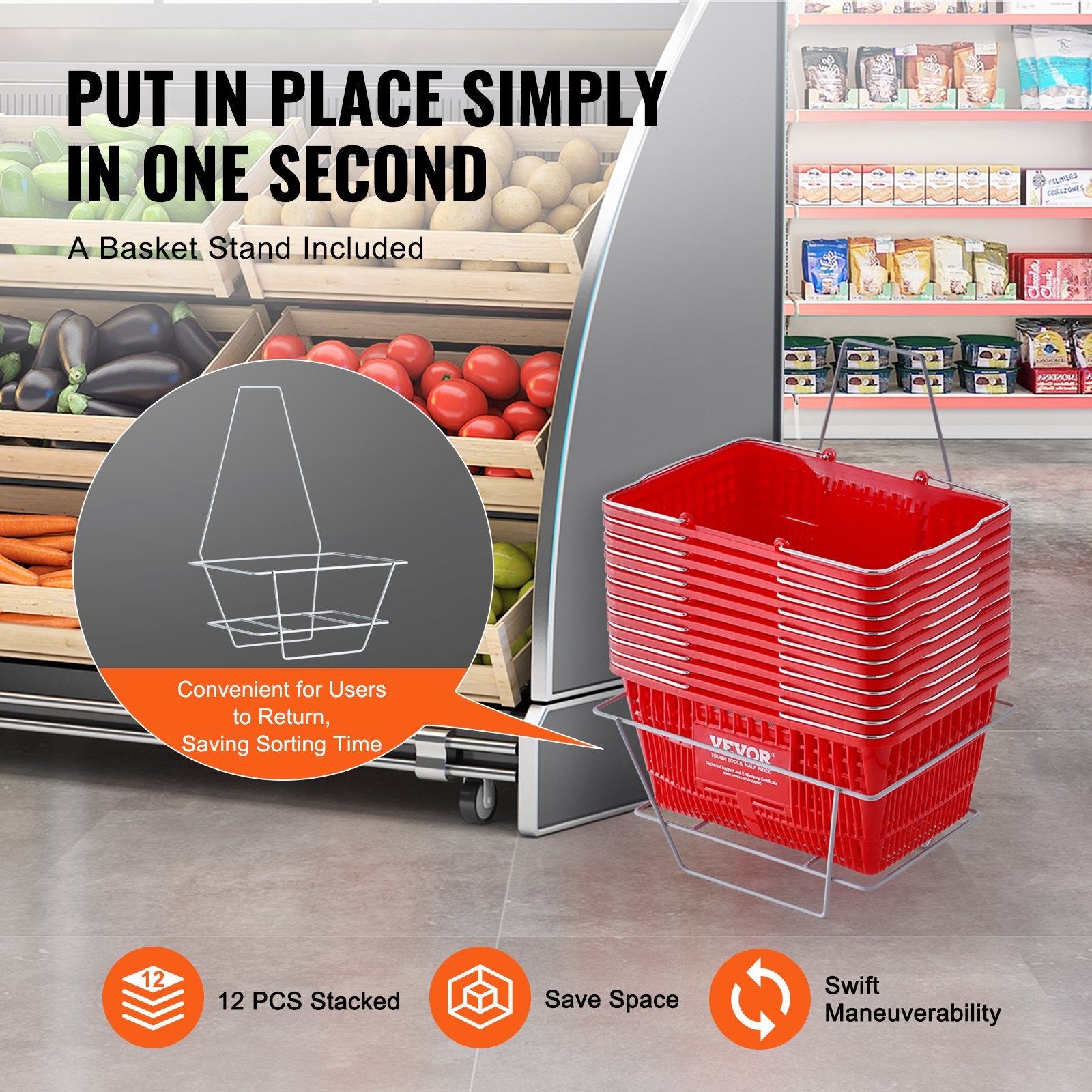 Shopping Basket, Set of 12, 21L Durable Plastic Grocery Basket with Metal Handle and Stand, 425 x 305 x 218 V952-GXSBSSLGWLHS3TB5BV0