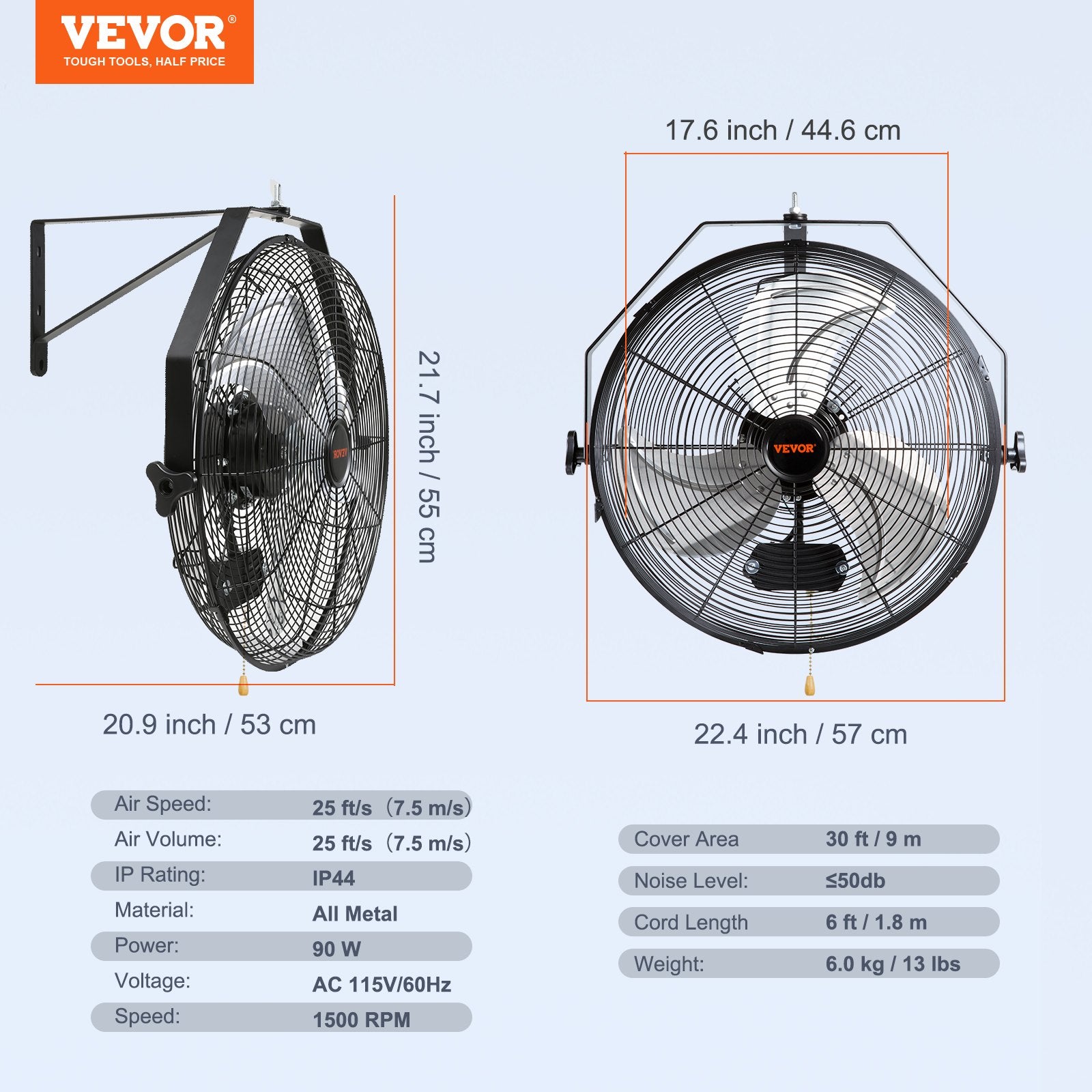 Industrial Wall Mount Fan Waterproof Metal Fan 17.6'' 3 Speed Airflow V952-GYBGSFS18INCH2HS2V3