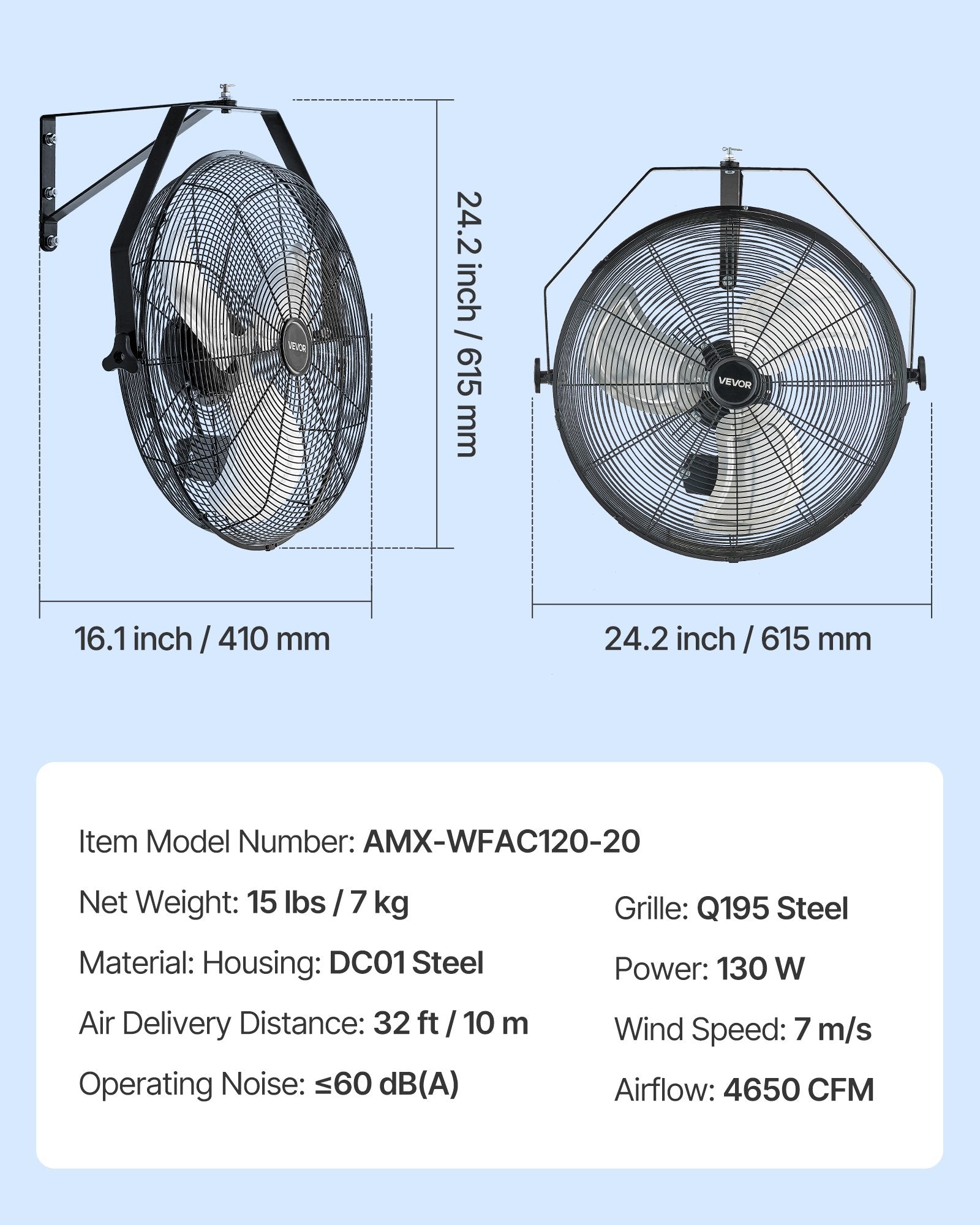 615mm Industrial Wall Mount Fan 3 Speed 4650 CFM for Garage Greenhouse V952-GYBGSFS1JT20T4EE6001V3