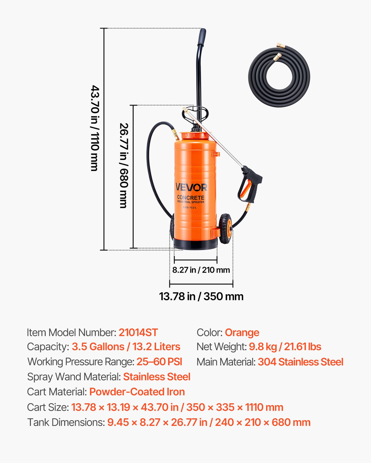 Industrial Concrete Sprayer with Wheeled Cart, 14L Stainless Steel Sprayer, Heavy Duty Tri-Poxy Pump V952-GYJBXGPWQ35GQUIZ8001V0