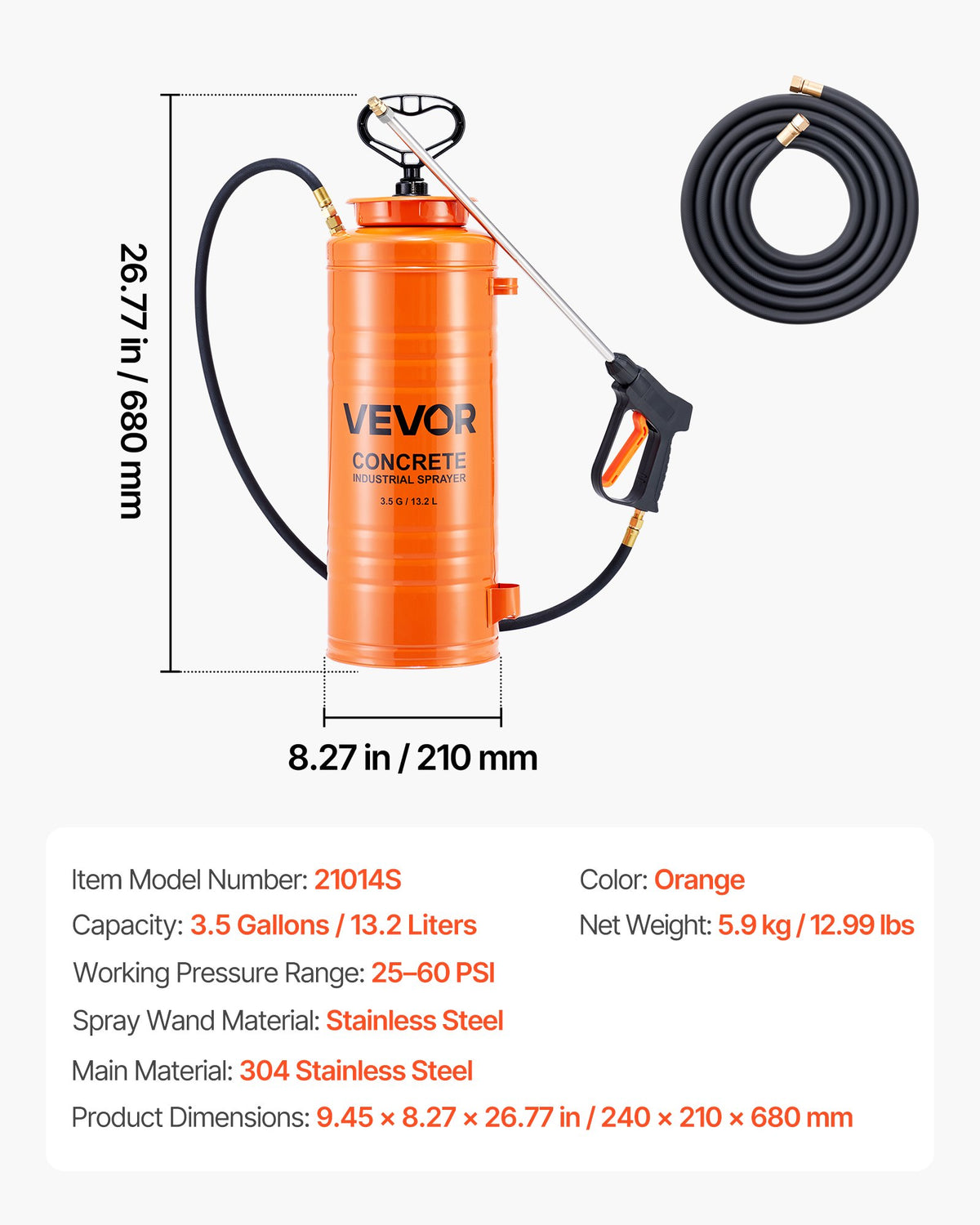 Industrial Concrete Sprayer, 14L Stainless Steel Sprayer, Heavy Duty Tri-Poxy Pump Sprayers, 52cm Wand with V952-GYJBXGPWQ35GVDBW0001V0
