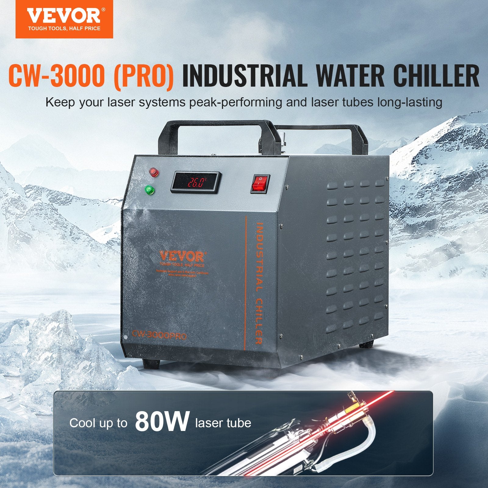 Industrial Water Chiller, CW-3000(PRO), 150W Air-Cooled Industrial Water Cooler Cooling System with 12L Water V952-GYLSJFLS12L1YAX14V3