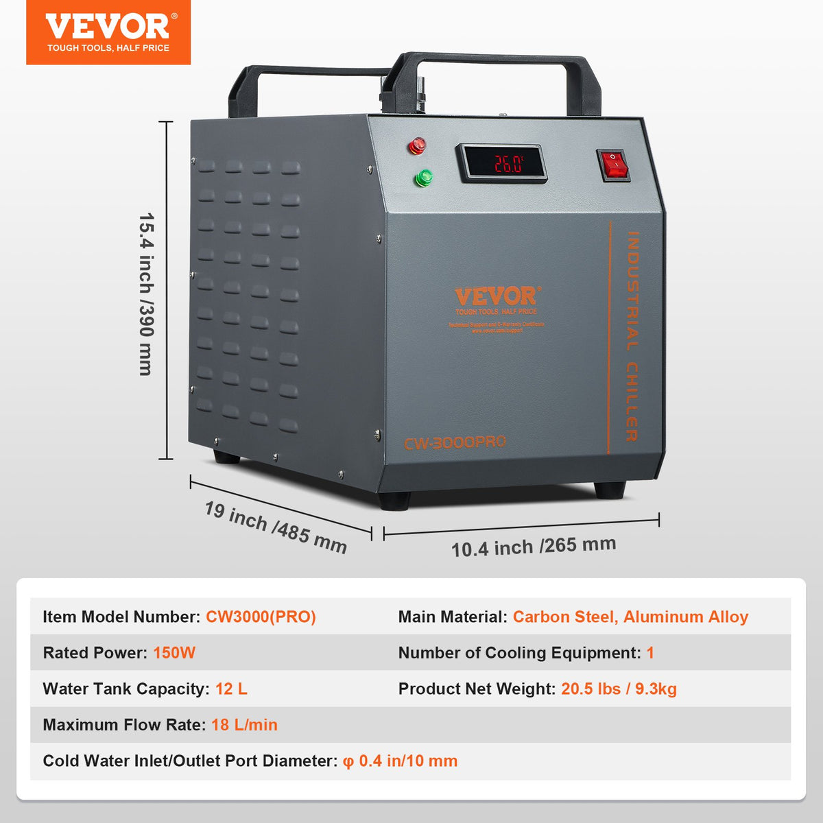 Industrial Water Chiller, CW-3000(PRO), 150W Air-Cooled Industrial Water Cooler Cooling System with 12L Water V952-GYLSJFLS12L1YAX14V3