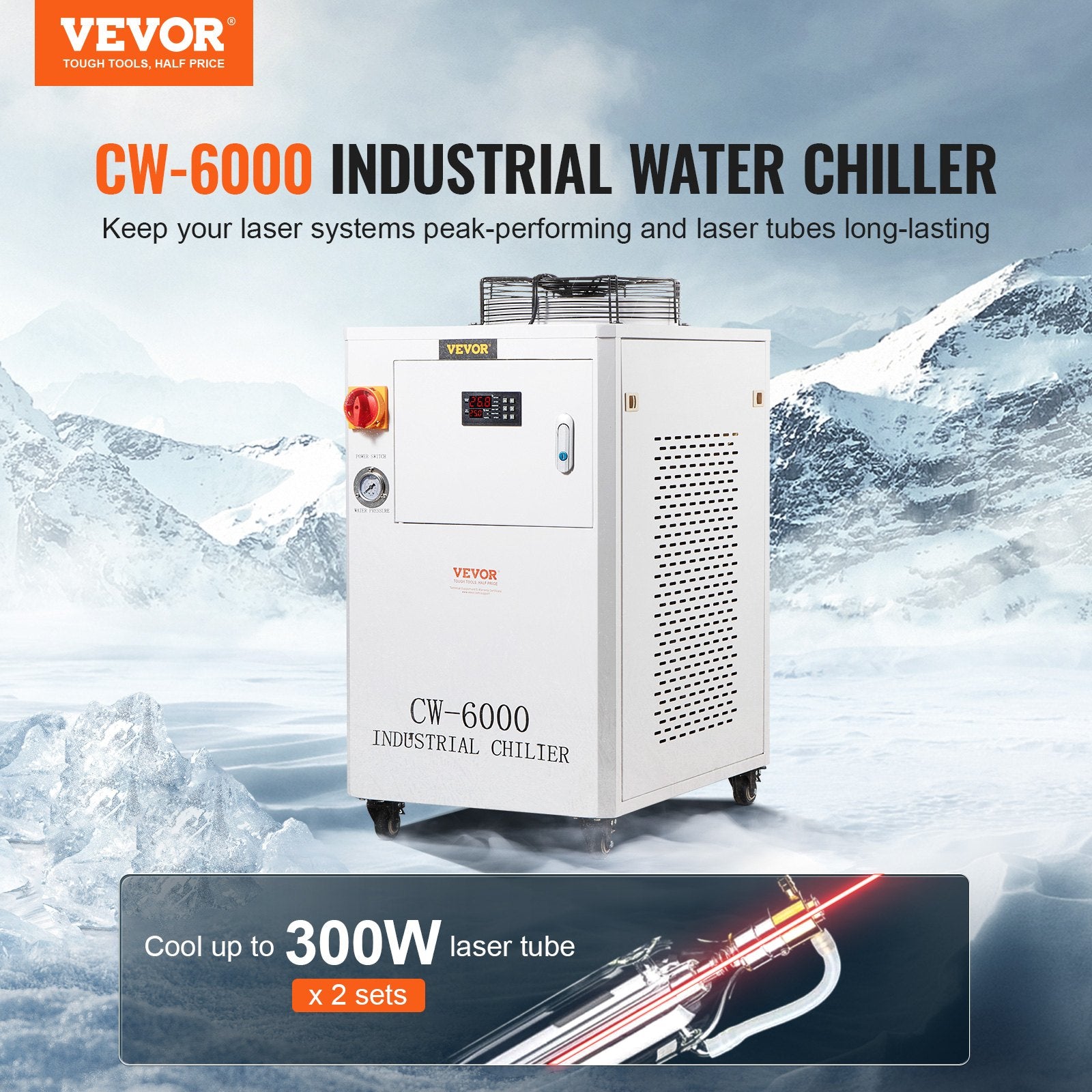 Industrial Water Chiller, CW6000, 1500W Industrial Water Cooler Cooling System with Compressor 15L Water Tank V952-GYLSJYSJS15LDYZN6V3