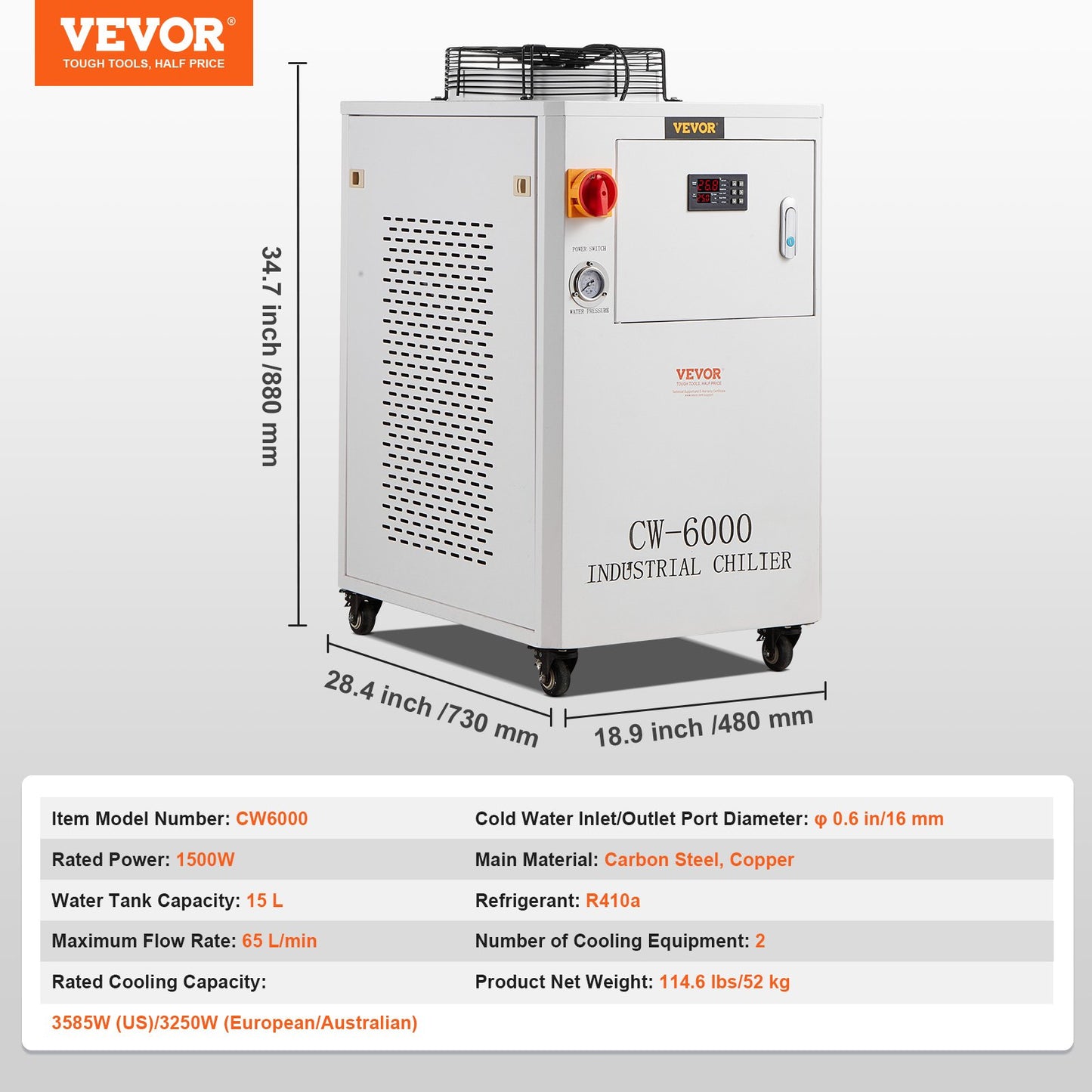 Industrial Water Chiller, CW6000, 1500W Industrial Water Cooler Cooling System with Compressor 15L Water Tank V952-GYLSJYSJS15LDYZN6V3