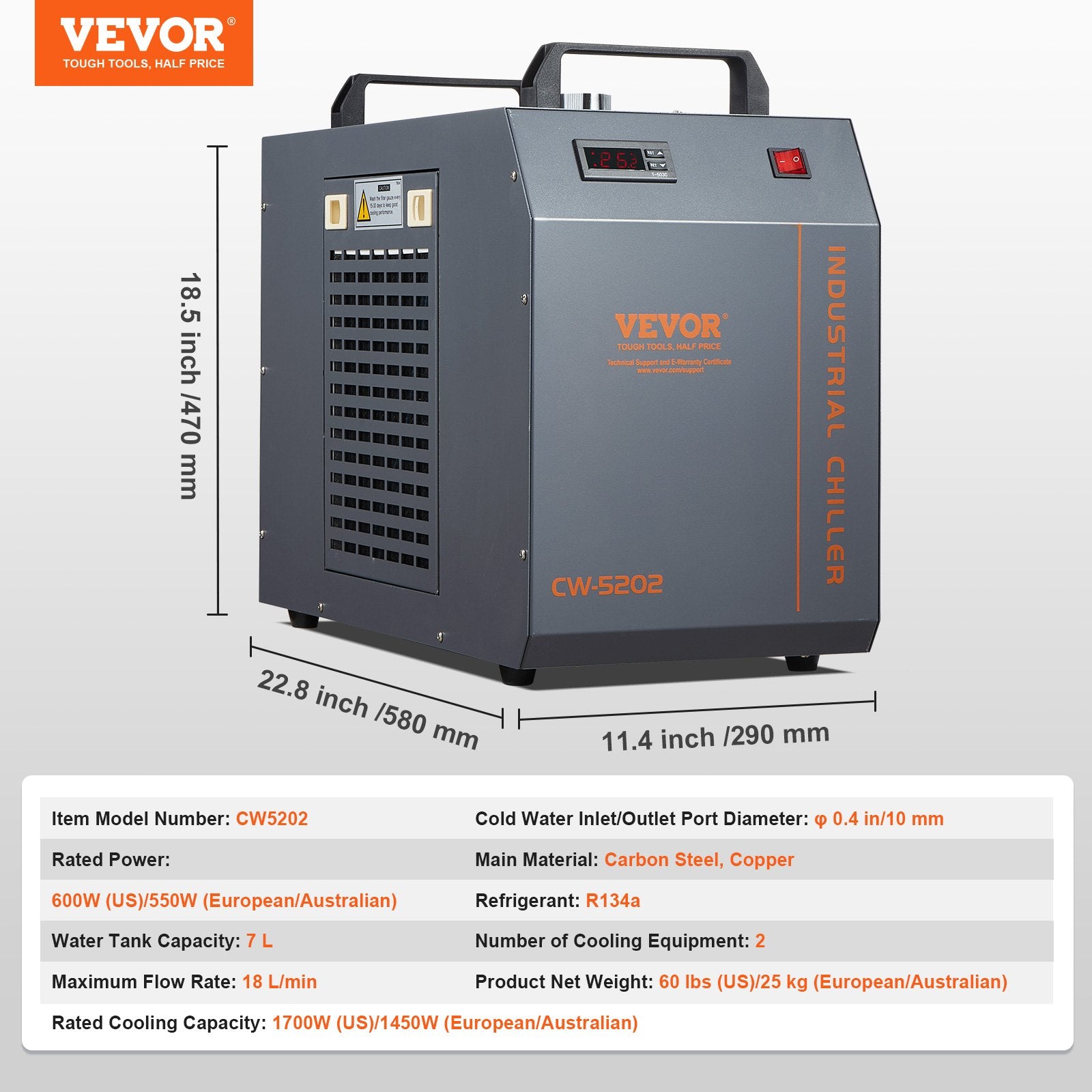 Industrial Water Chiller, CW-5202, Industrial Water Cooler Cooling System with Built-in Compressor 7L Water V952-GYLSJYSJS7L18IJHWV3