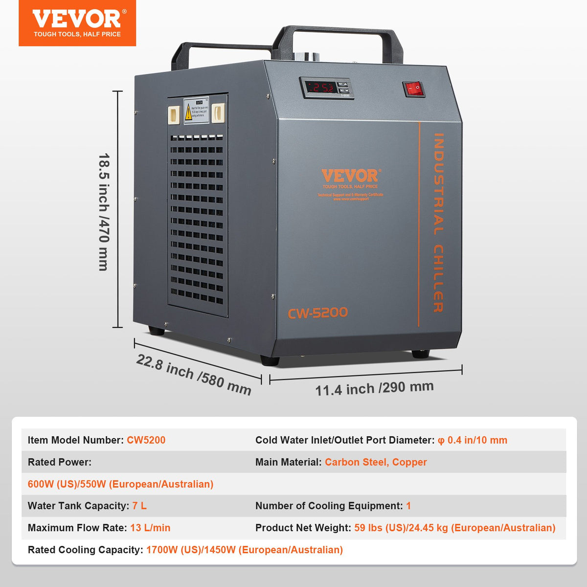 Industrial Water Chiller, CW-5200, Industrial Water Cooler Cooling System with Built-in Compressor 7L Water V952-GYLSJYSJS7L1LBEPIV3