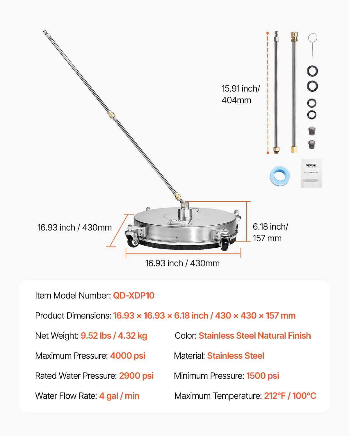 16.5" Pressure Washer Surface Cleaner, Stainless Steel Pressure Washer Attachments with 4 Wheels, 4000 Max V952-GYQXJBMQJQYP62KMHV0