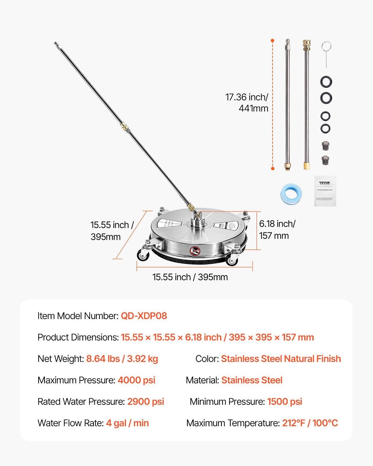 15" Pressure Washer Surface Cleaner 4 Wheels 4000 Max PSI 2 Extended Wands V952-GYQXJBMQJQYPI0B3OV0