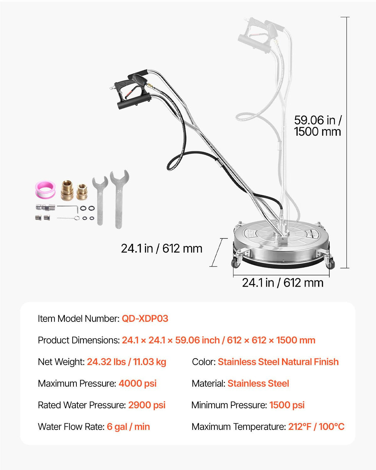 24" Pressure Washer Surface Cleaner, Stainless Steel Pressure Washer Attachments with 4 Wheels, 4000 Max PSI, V952-GYQXJBMQJQYPKEO1LV0