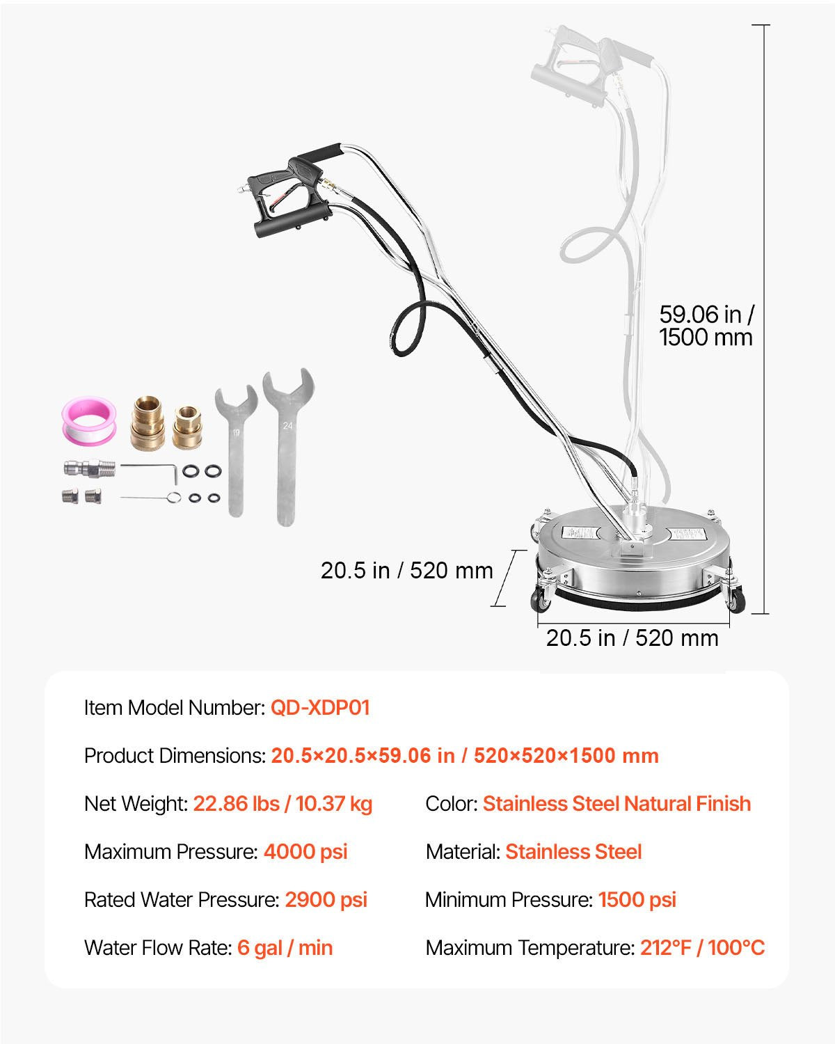 20" Pressure Washer Surface Cleaner, Stainless Steel Pressure Washer Attachments with 4 Wheels, 4500 Max PSI, V952-GYQXJBMQJQYPR0QW0V0
