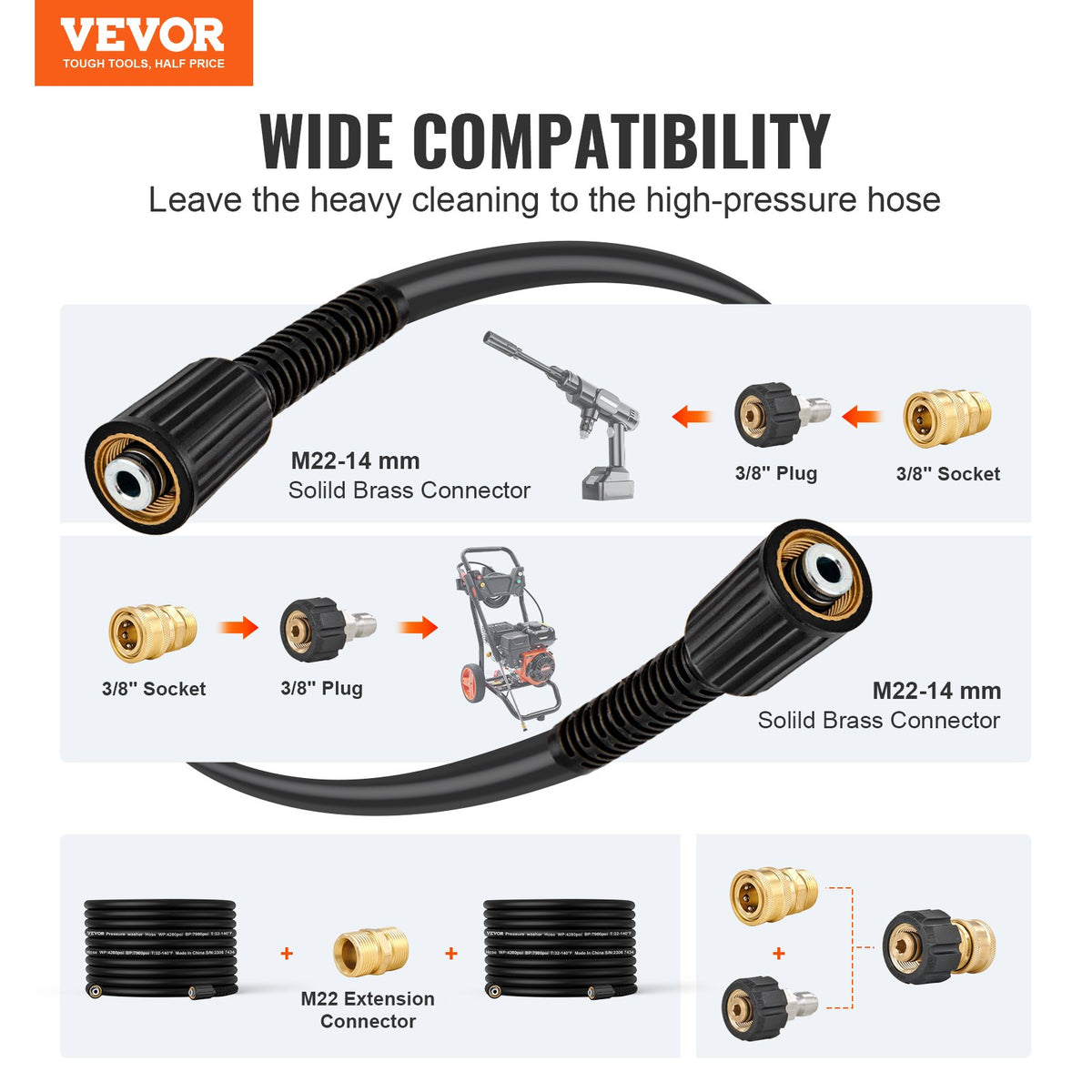 Pressure Washer Hose, 100FT, 1/4" Kink Free M22-14mm Brass Thread Replacement For Most Brand Pressure V952-GYQXRG100FT1FESK8V0