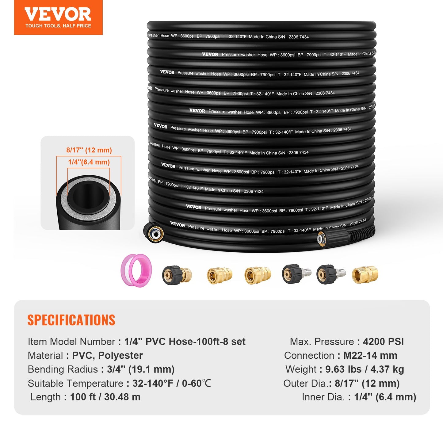 Pressure Washer Hose, 100FT, 1/4" Kink Free M22-14mm Brass Thread Replacement For Most Brand Pressure V952-GYQXRG100FT1FESK8V0