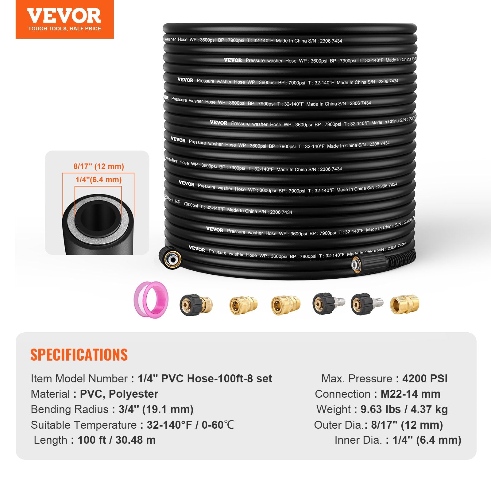Pressure Washer Hose, 100FT, 1/4" Kink Free M22-14mm Brass Thread Replacement For Most Brand Pressure V952-GYQXRG100FT1FESK8V0