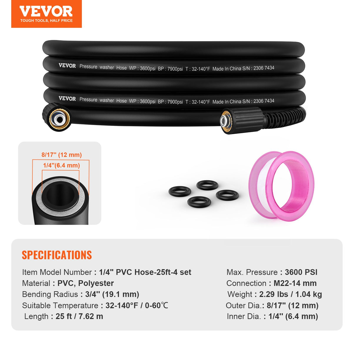 Pressure Washer Hose, 25 FT, 1/4" Kink Free M22-14mm Brass Thread Replacement For Most Brand Pressure V952-GYQXRG25YC11IZ58EV0